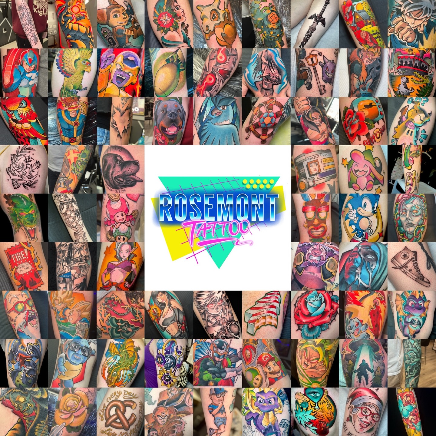 Various characters anime tattoo on the upper arm by Luke Mullins, Frederick, Maryland