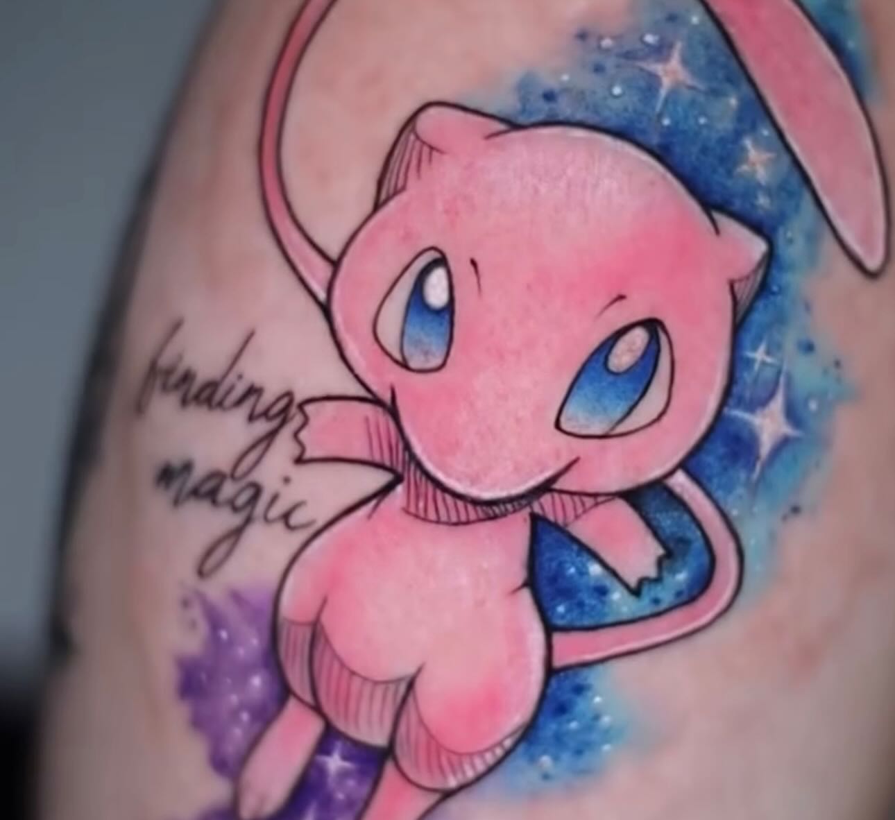 Mew watercolor tattoo on the forearm by 𝐒𝐡𝐞𝐫𝐥𝐥𝐲