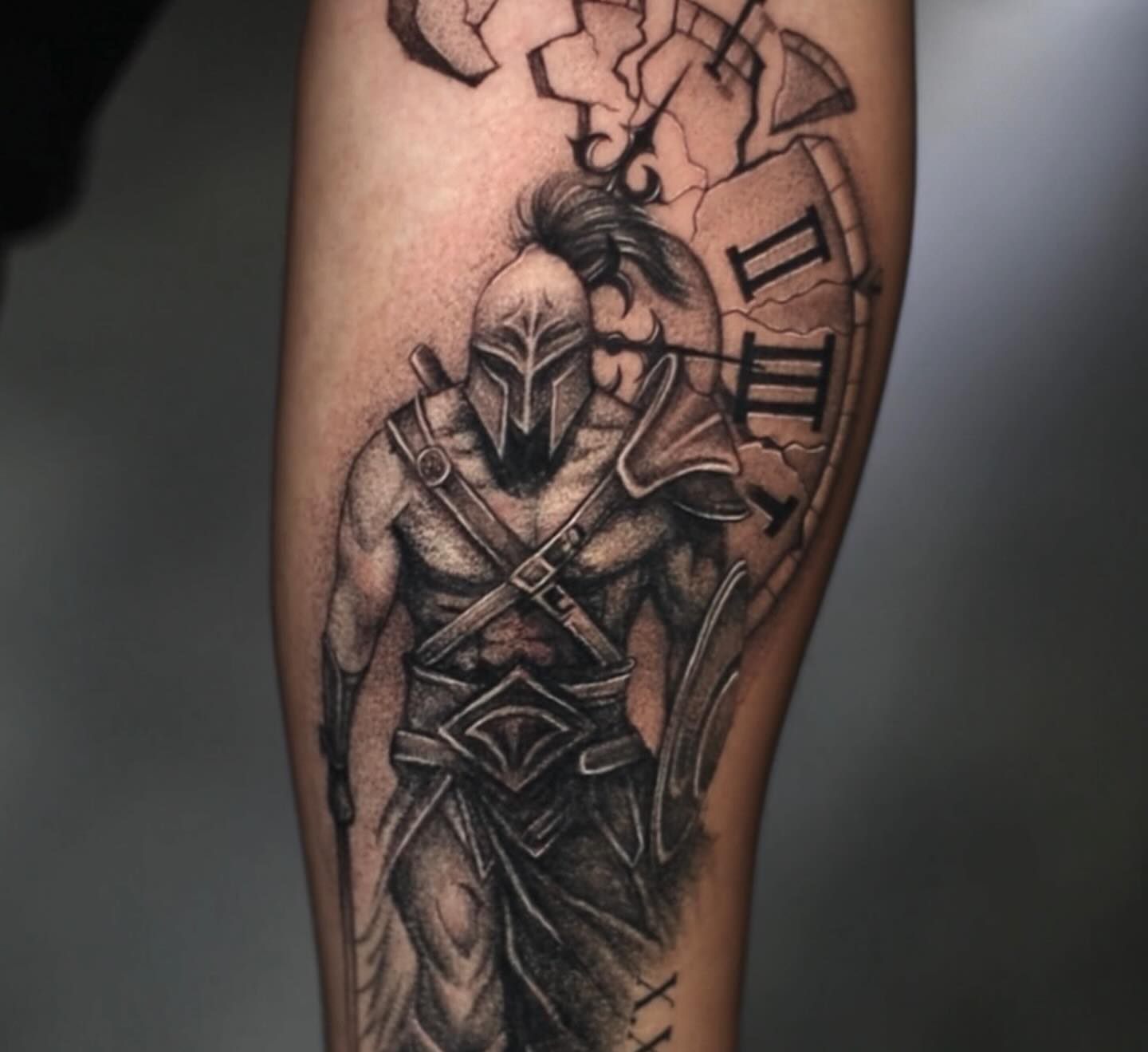Spartan warrior realism tattoo on the forearm by 𝐒𝐡𝐞𝐫𝐥𝐥𝐲
