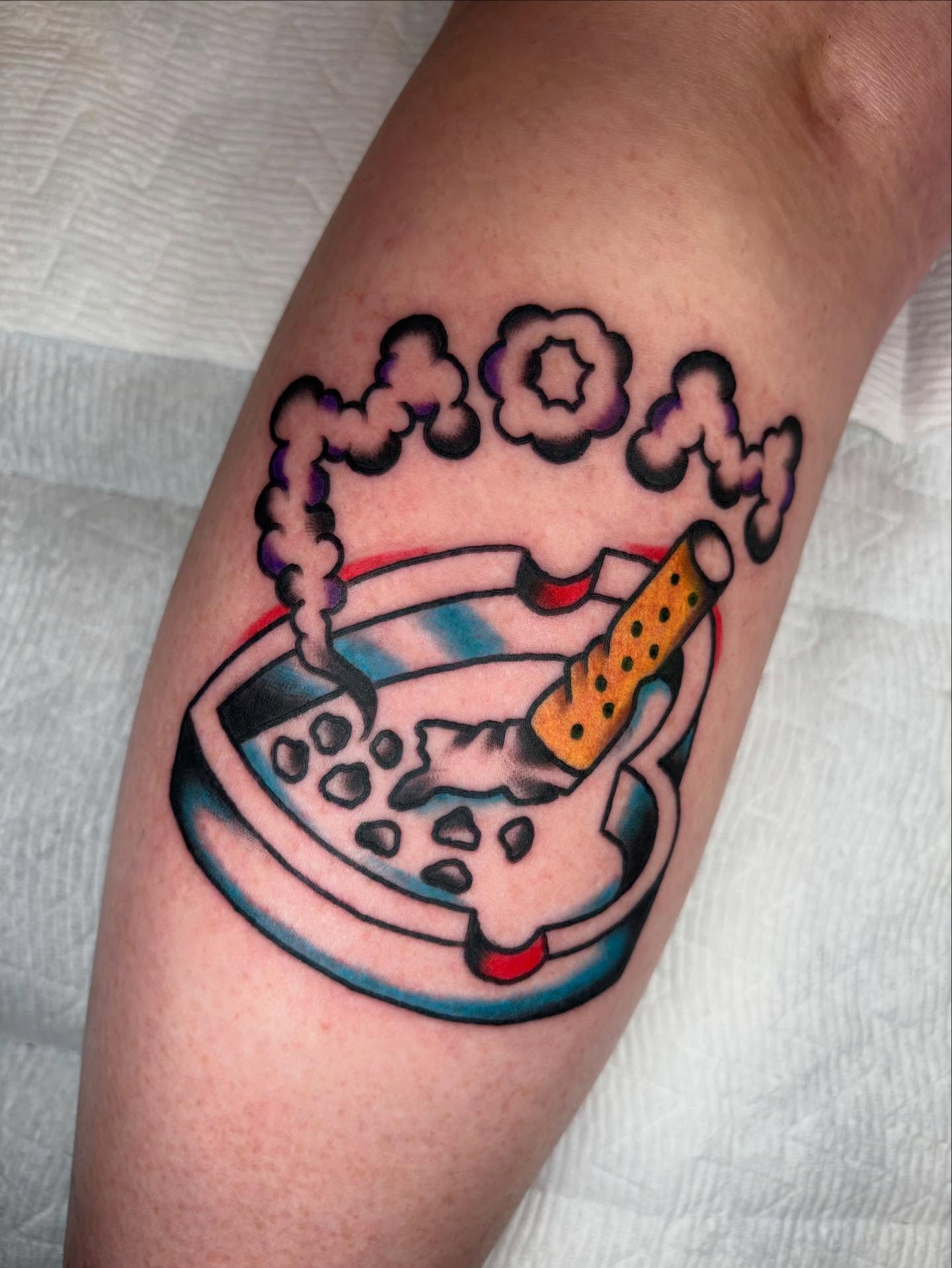 Ashtray with cigarette new school tattoo on the forearm by 🌹
