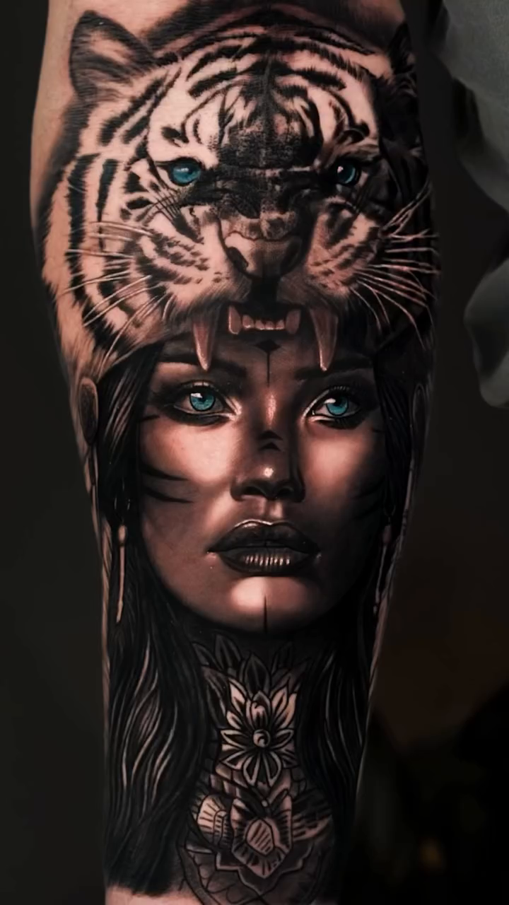 Woman with tiger headdress realism tattoo by Nathan, Charlotte, North Carolina