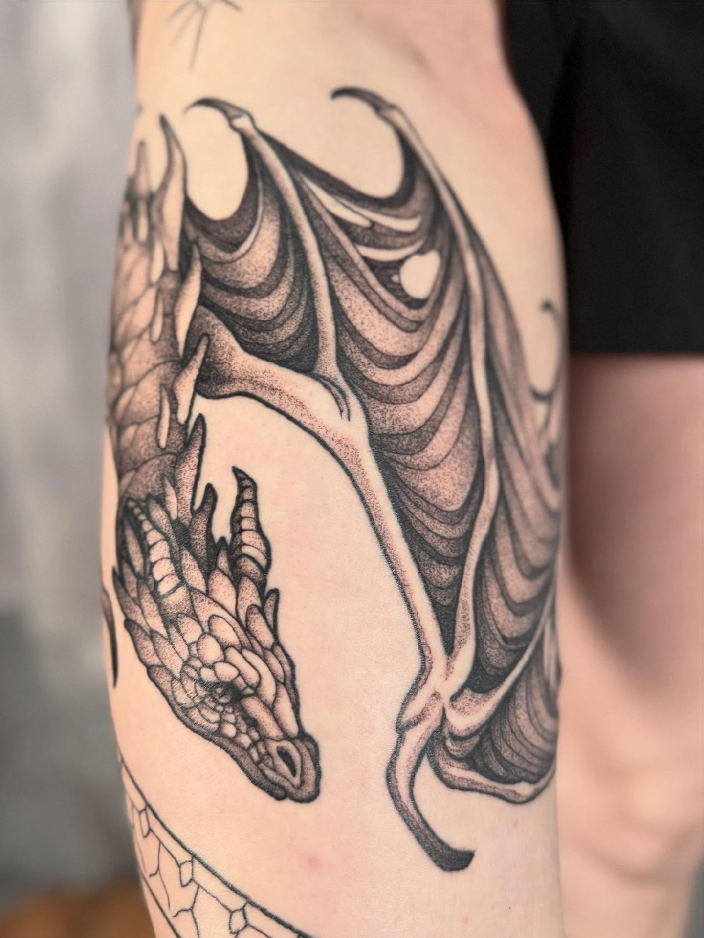 Dragon dotwork tattoo on the forearm by Hillary