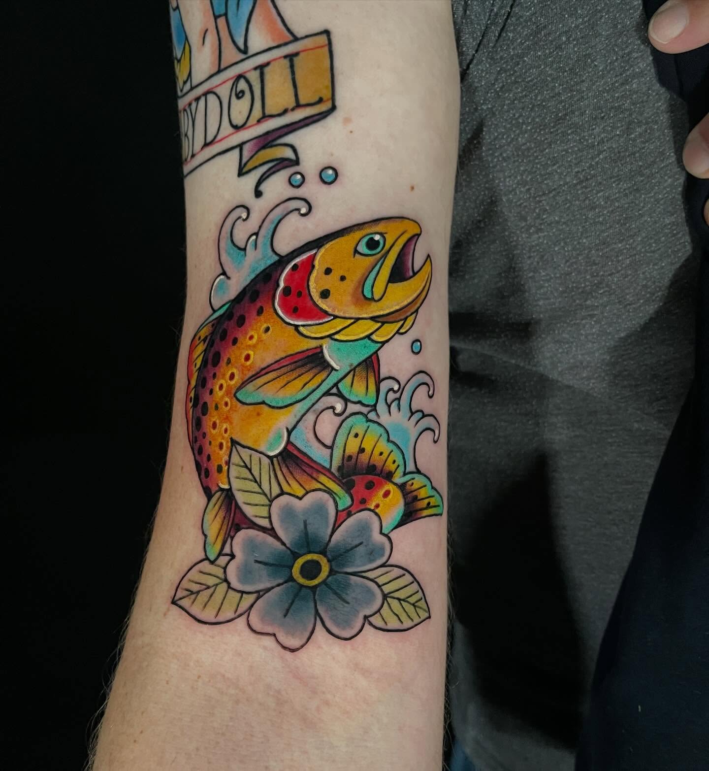 Rainbow trout American traditional tattoo on the forearm by ✨𝕄𝕚𝕜𝕖 𝕆’𝔽𝕒𝕣𝕣𝕖𝕝𝕝✨, Denver, Colorado