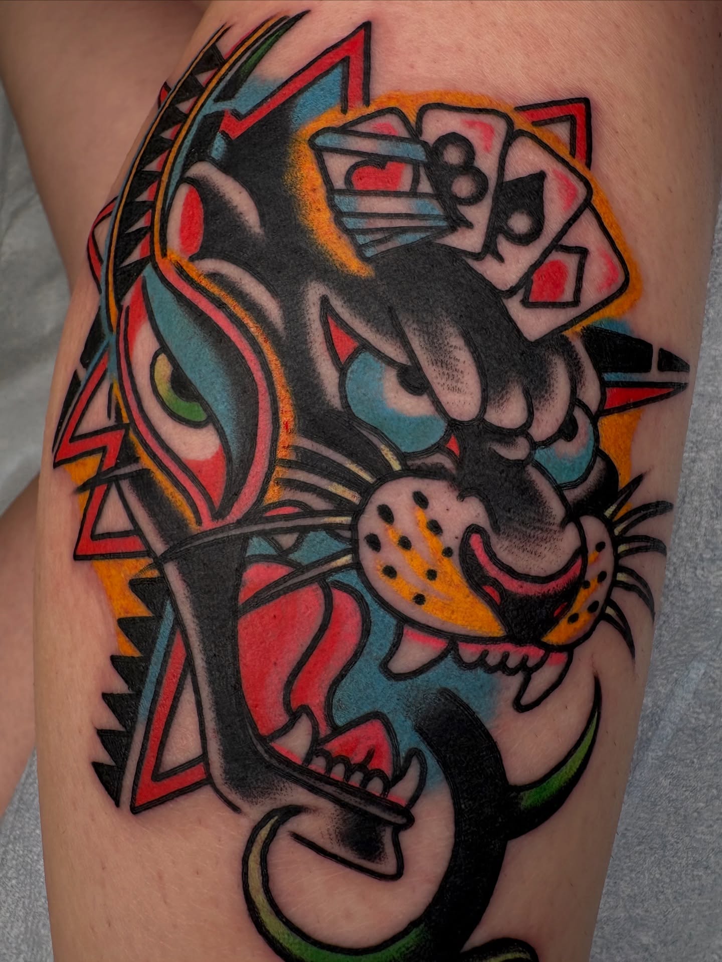 Panther American traditional tattoo on the thigh by Dallas Tattoo Artist