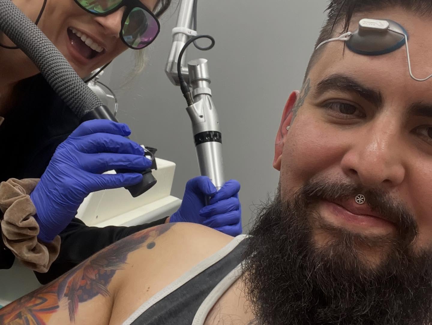 Bearded man American traditional tattoo on the chest by Lord Daniel Serna