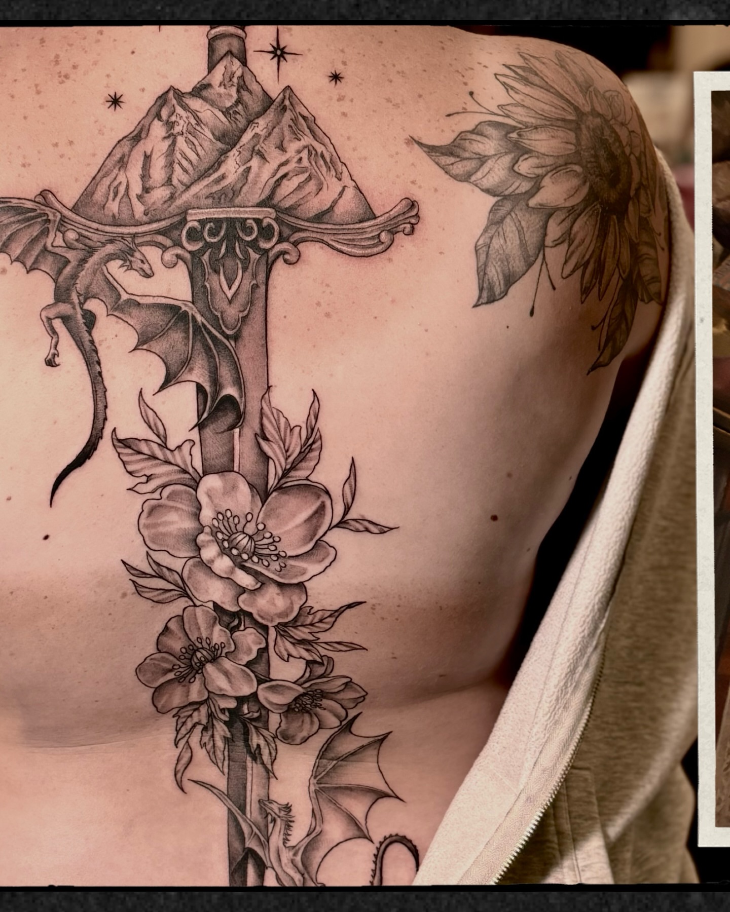 Mountain and dragon realism tattoo on the back by Sage Ray ♡