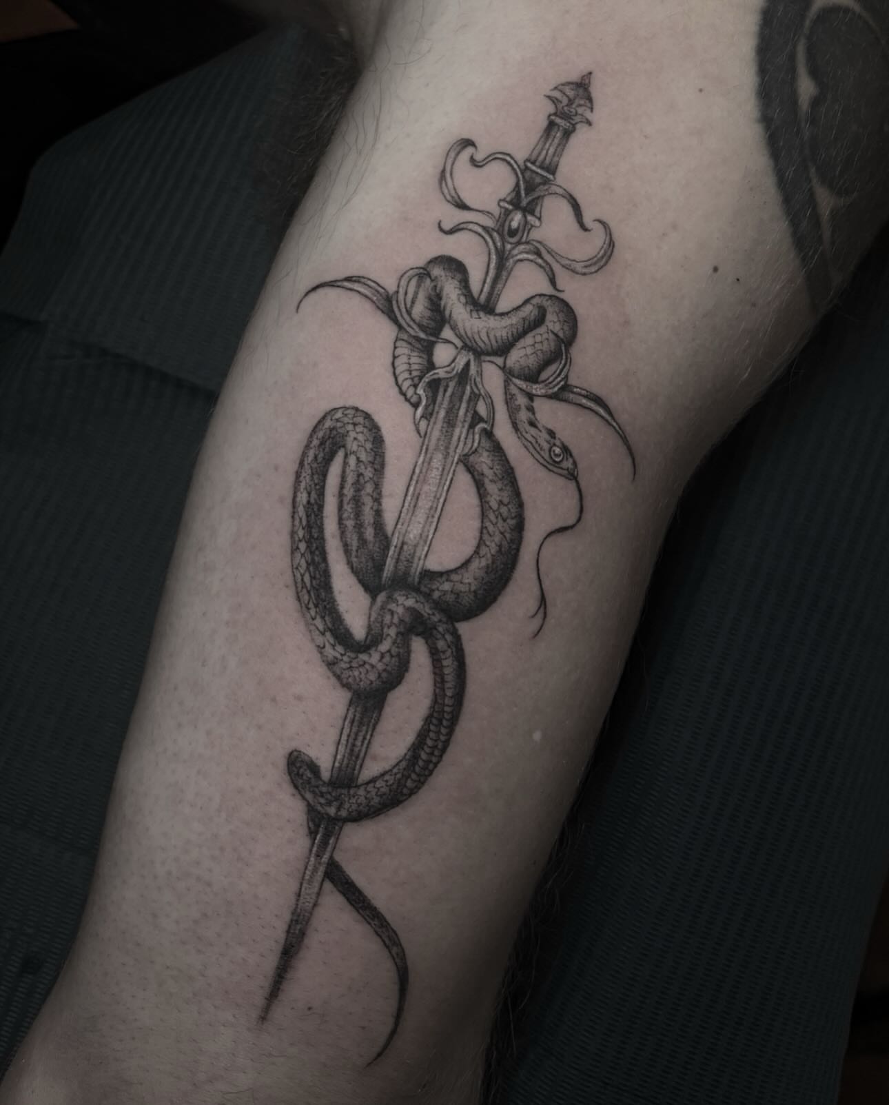 Snake and dagger realism tattoo on the forearm by l i z ✶