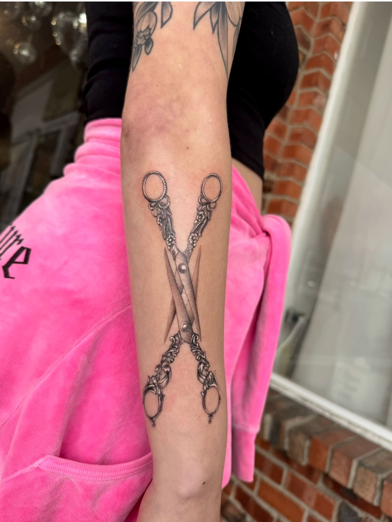 Scissors black and grey tattoo on the forearm by Lily Cuoio~ Seattle