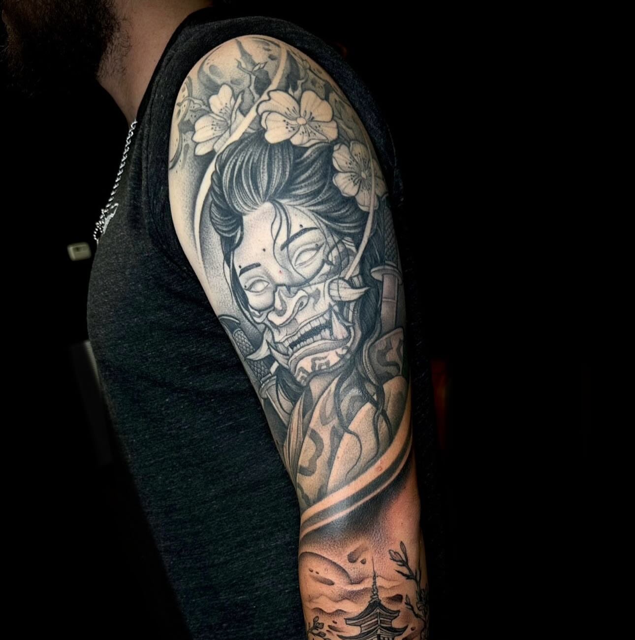 Geisha japanese irezumi tattoo on the upper arm by Madison Orchard Tattoos