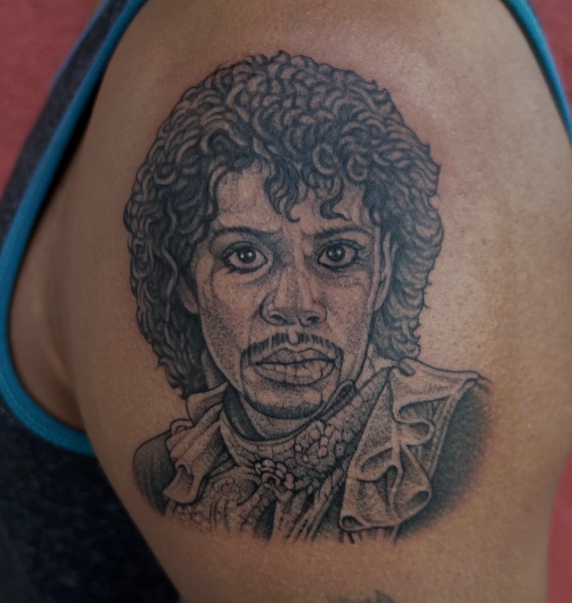 Portrait realism tattoo on the shoulder by Austin Tattoo Artist