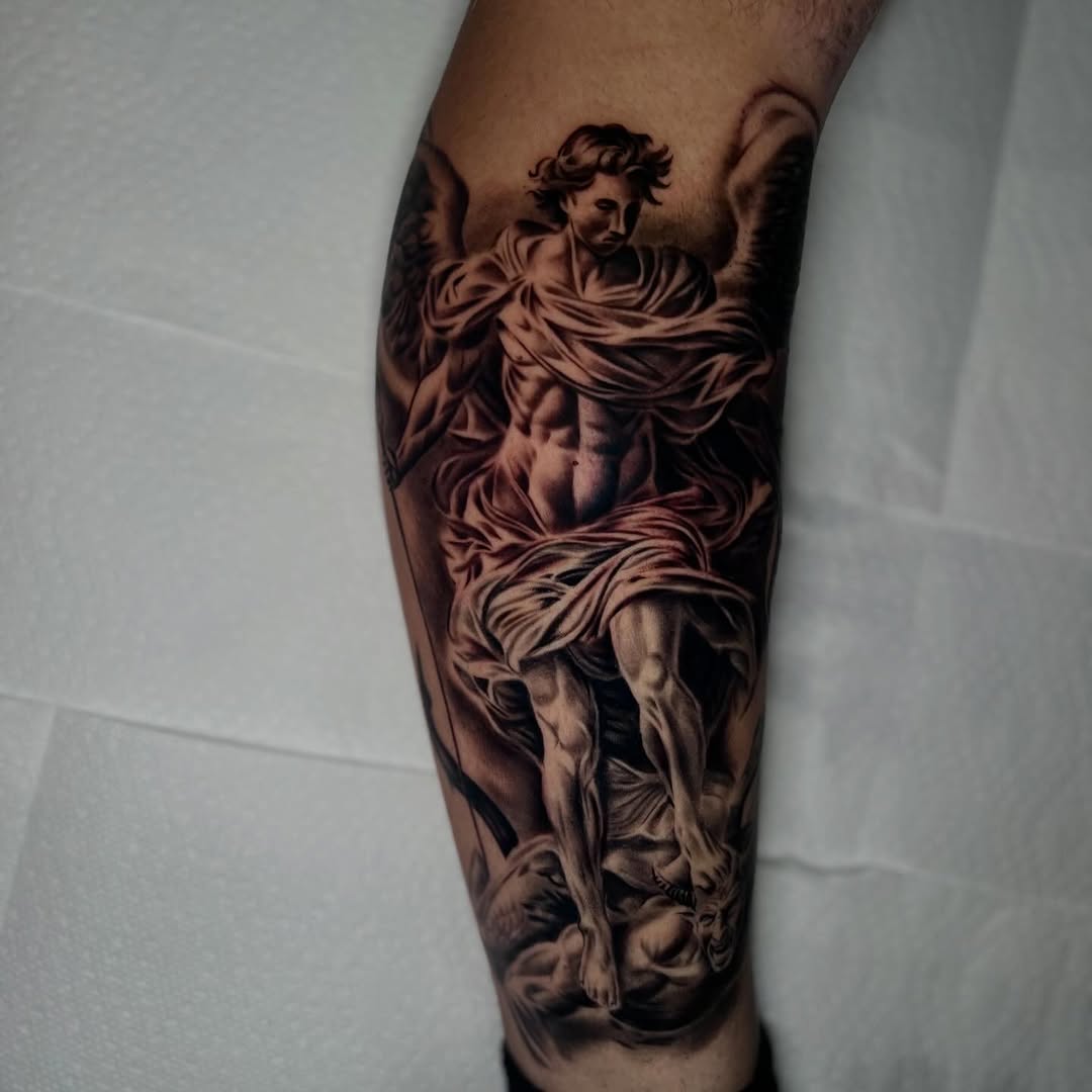 Archangel Michael realism tattoo on the forearm by Kevyn Vidal