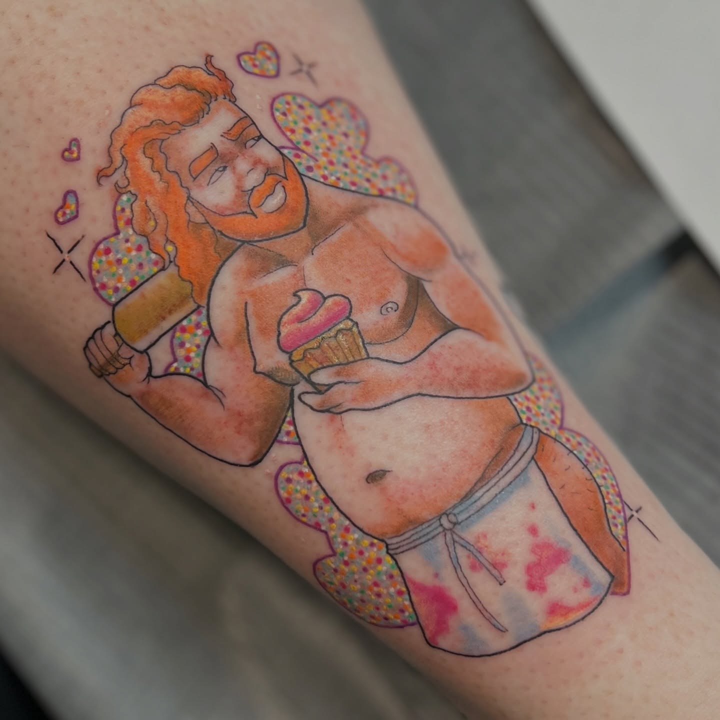 Fat woman trash polka tattoo on the forearm by Alex Santaloci
