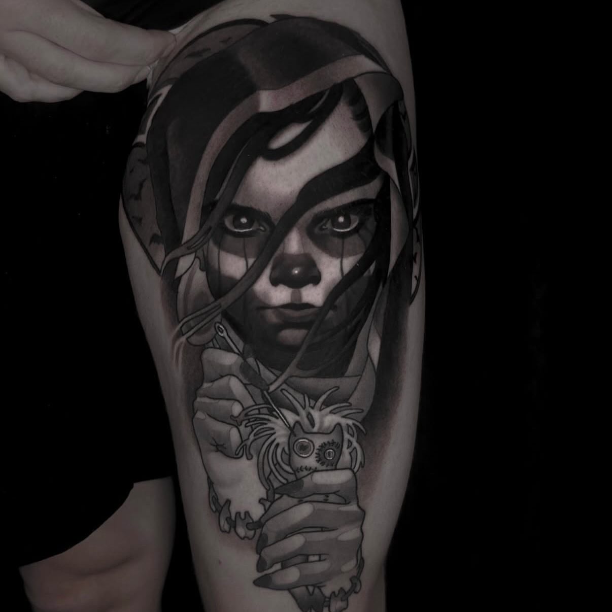 Girl holding owl realism tattoo on the forearm by Nathan Thomas