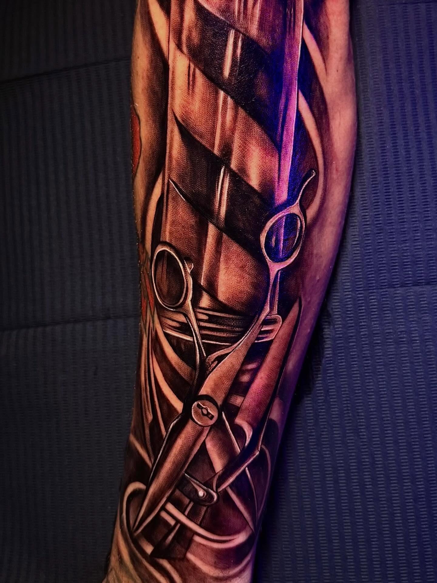 Scissors and mechanical gear realism tattoo on the forearm by Nj Tattoo Artist Inkdyou, Bloomfield, New Jersey