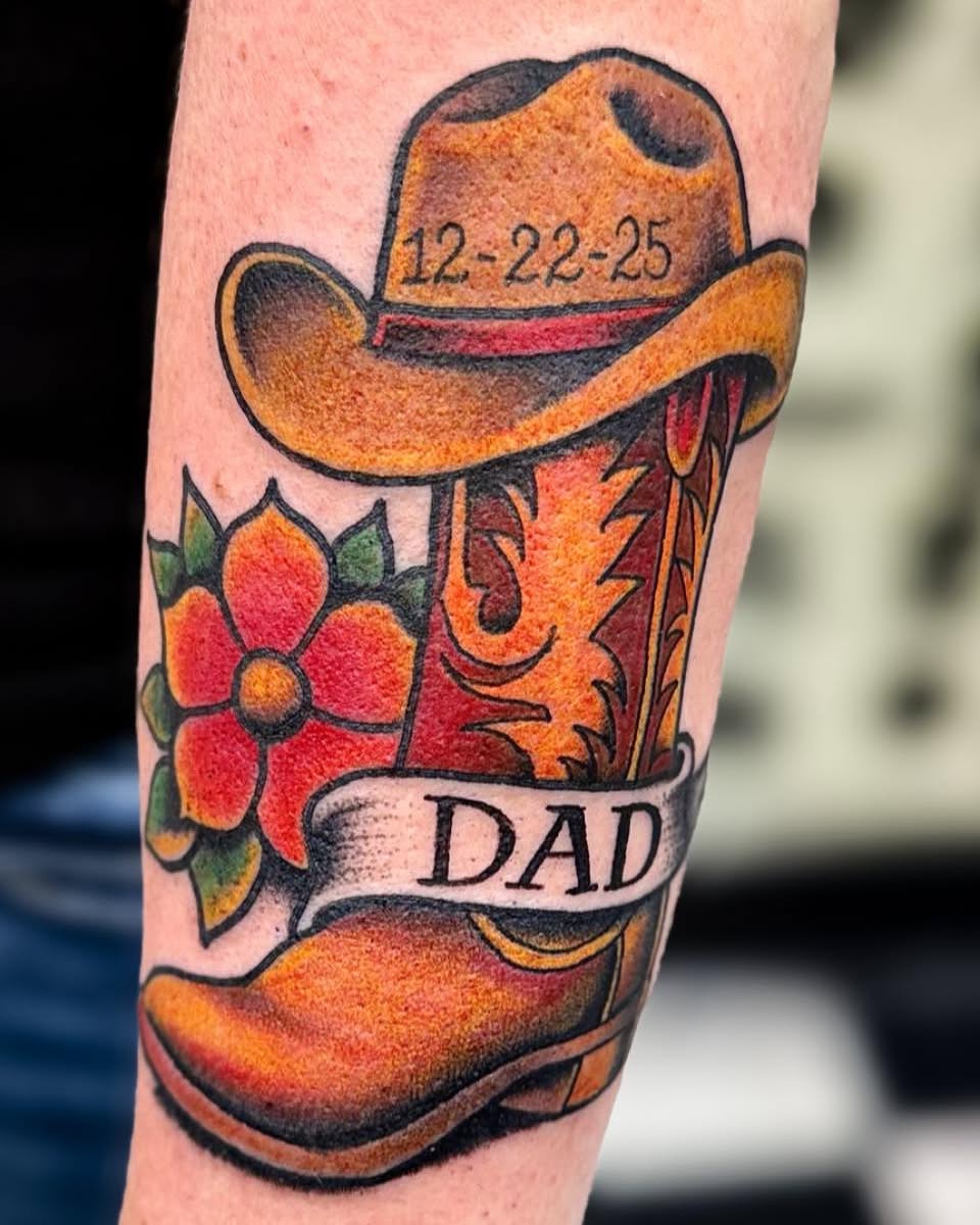 Cowboy boot and hat American traditional tattoo on the forearm by Ricky Salinas Jr. π€, San Antonio, Texas