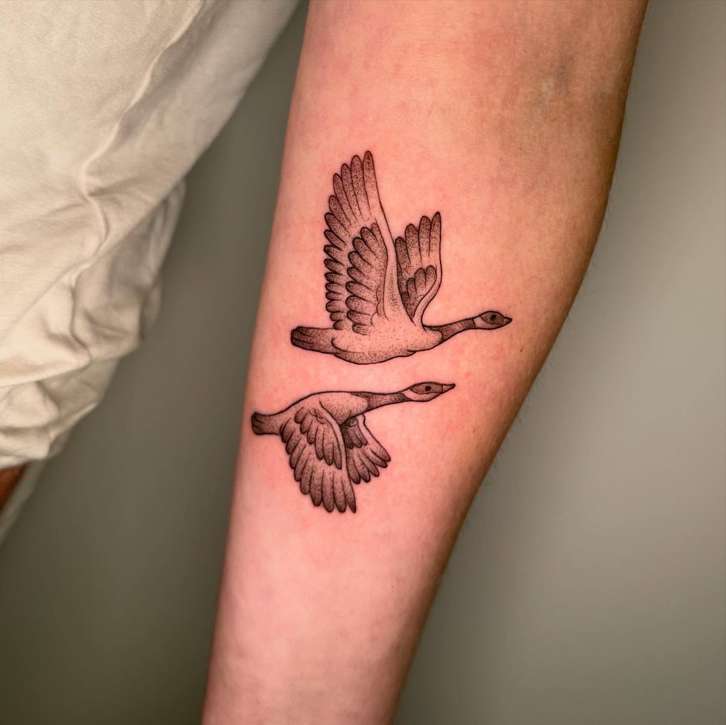 Geese black and grey tattoo on the forearm by Felicity