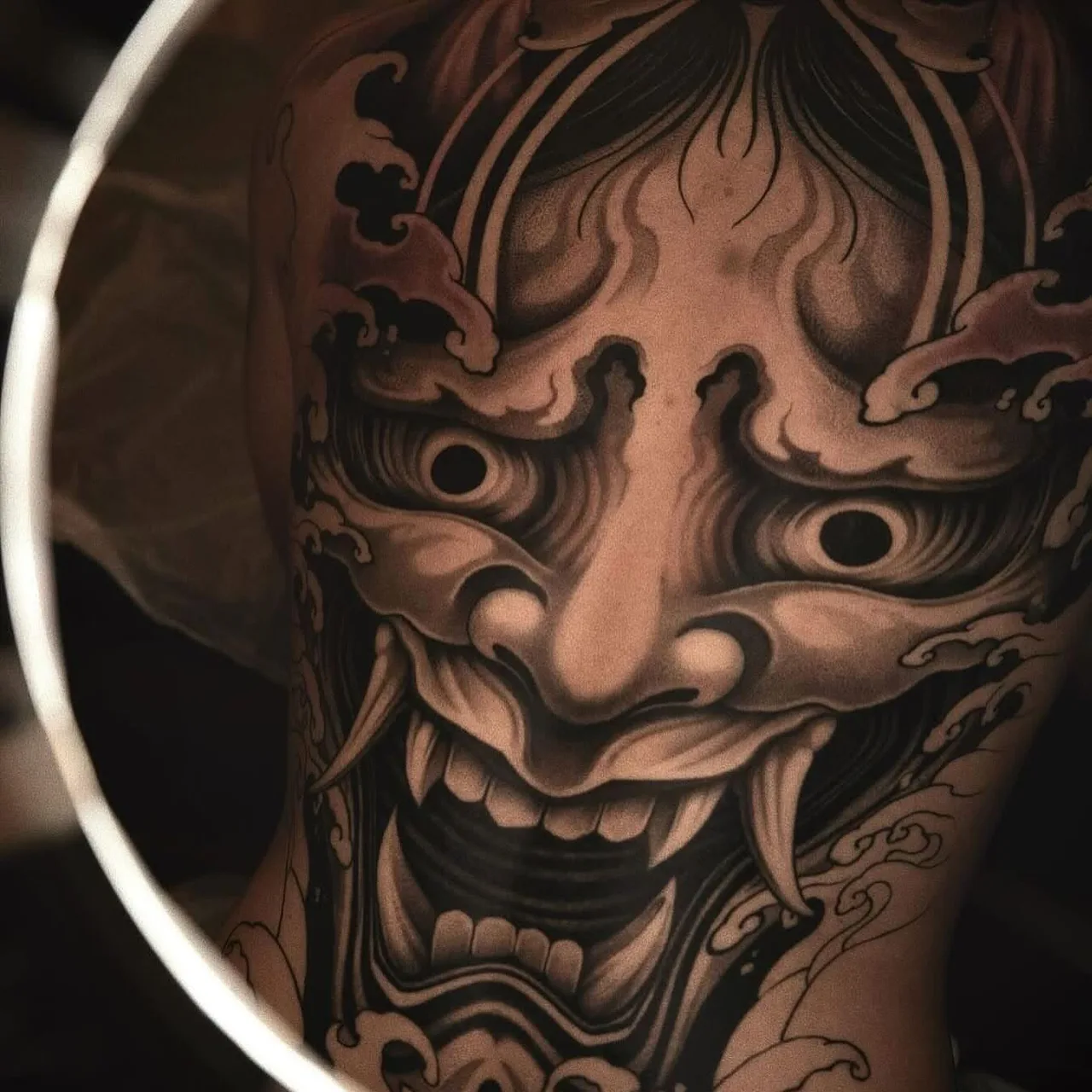 Demon mask japanese irezumi tattoo on the shoulder by Minho