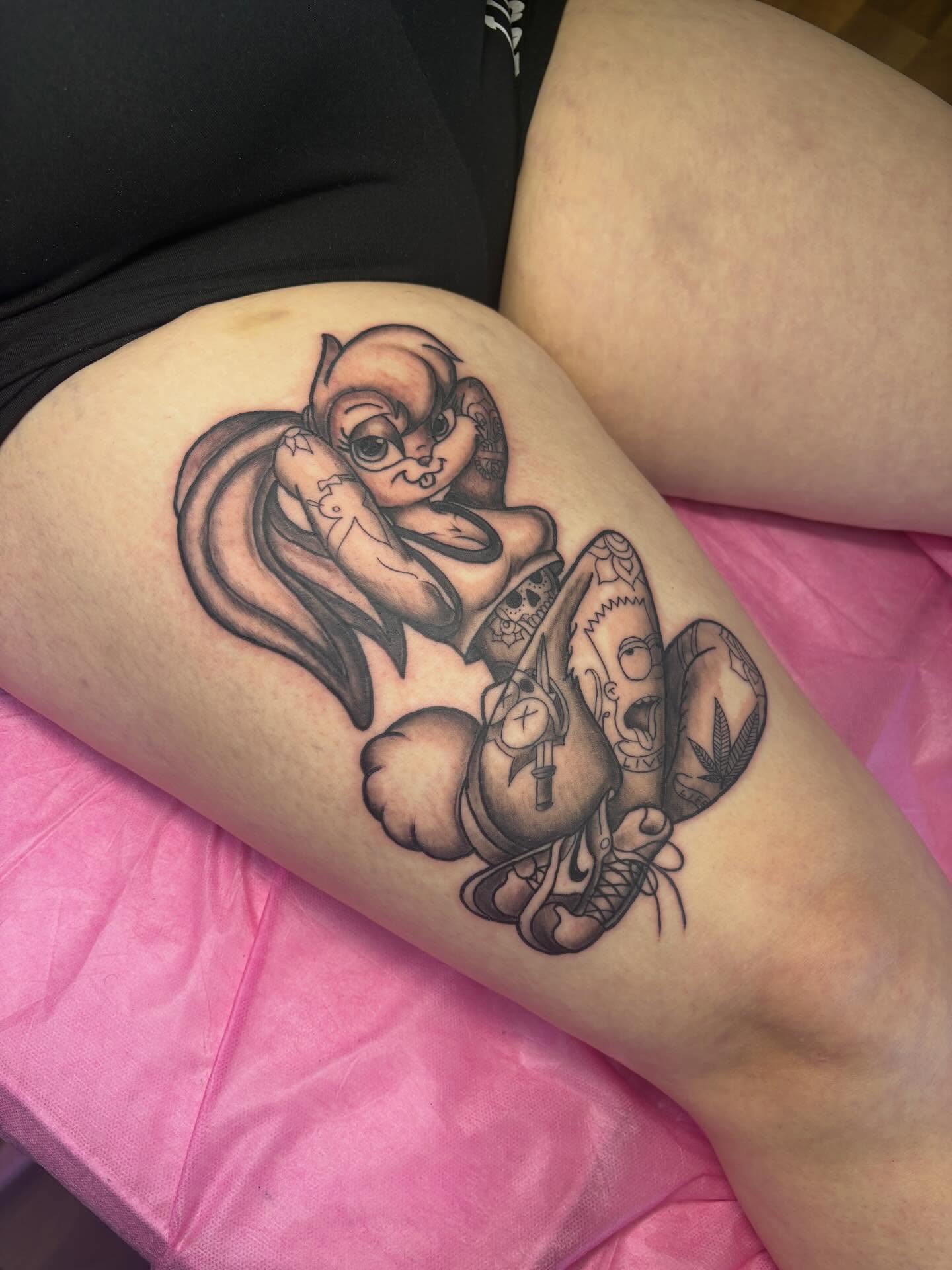 Looney tunes characters black and grey tattoo on the thigh by 𓂀 𝕊ℍ𝔼𝕃𝕃𝕐 𓂀