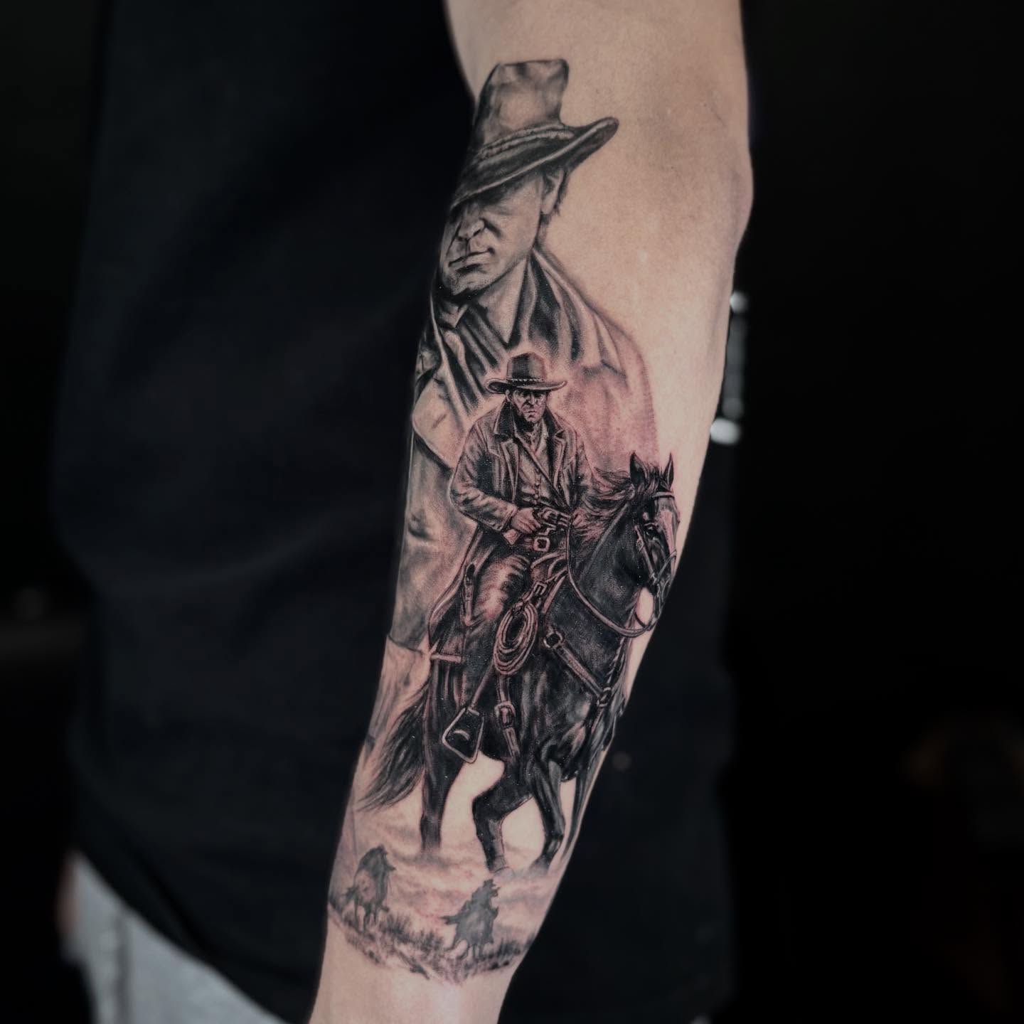 Cowboy on horse realism tattoo on the forearm by Sela ✨Las Vegas Tattoo Artist