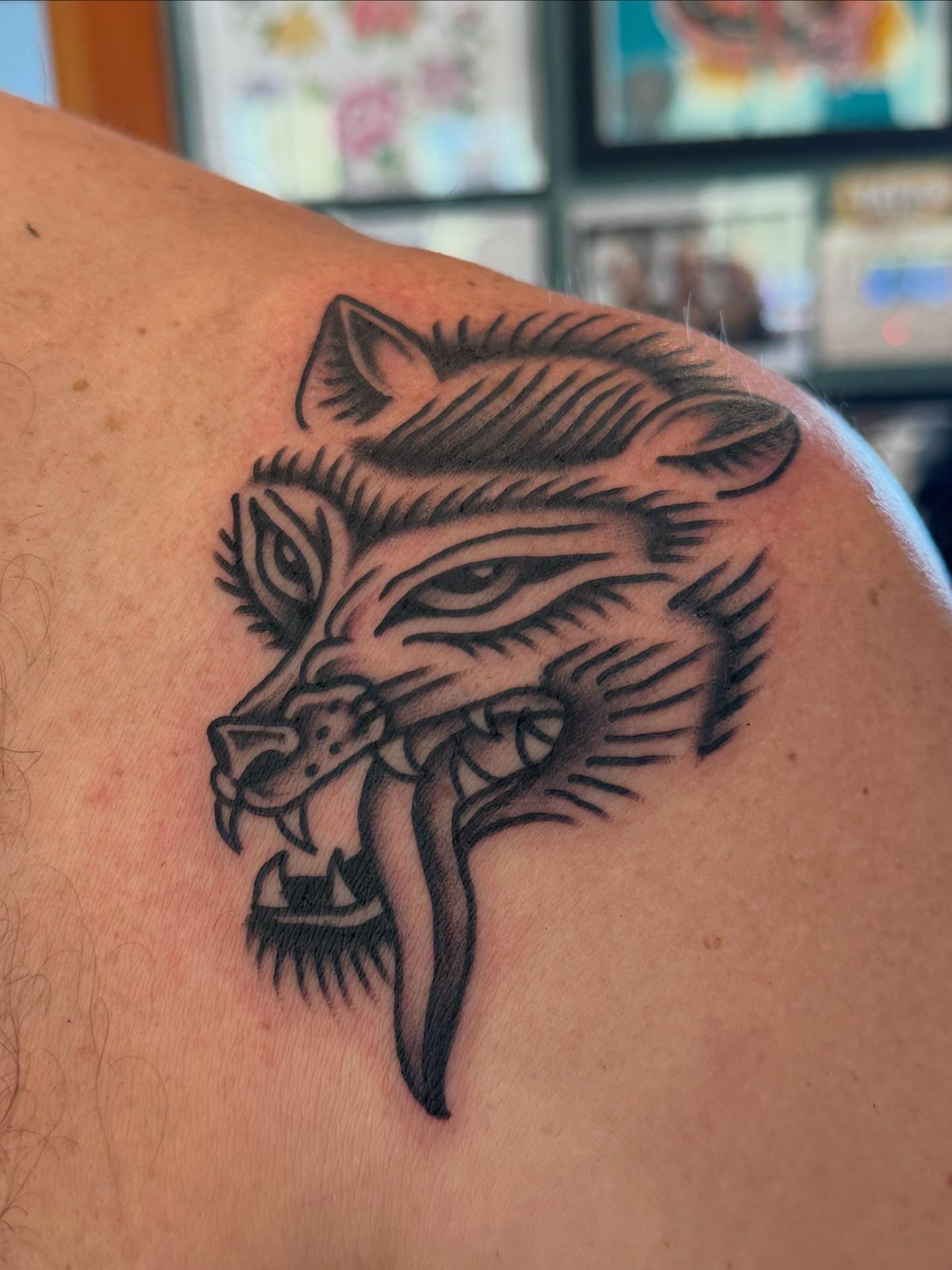 Wolf head black and grey tattoo on the shoulder by Jacqui Rose