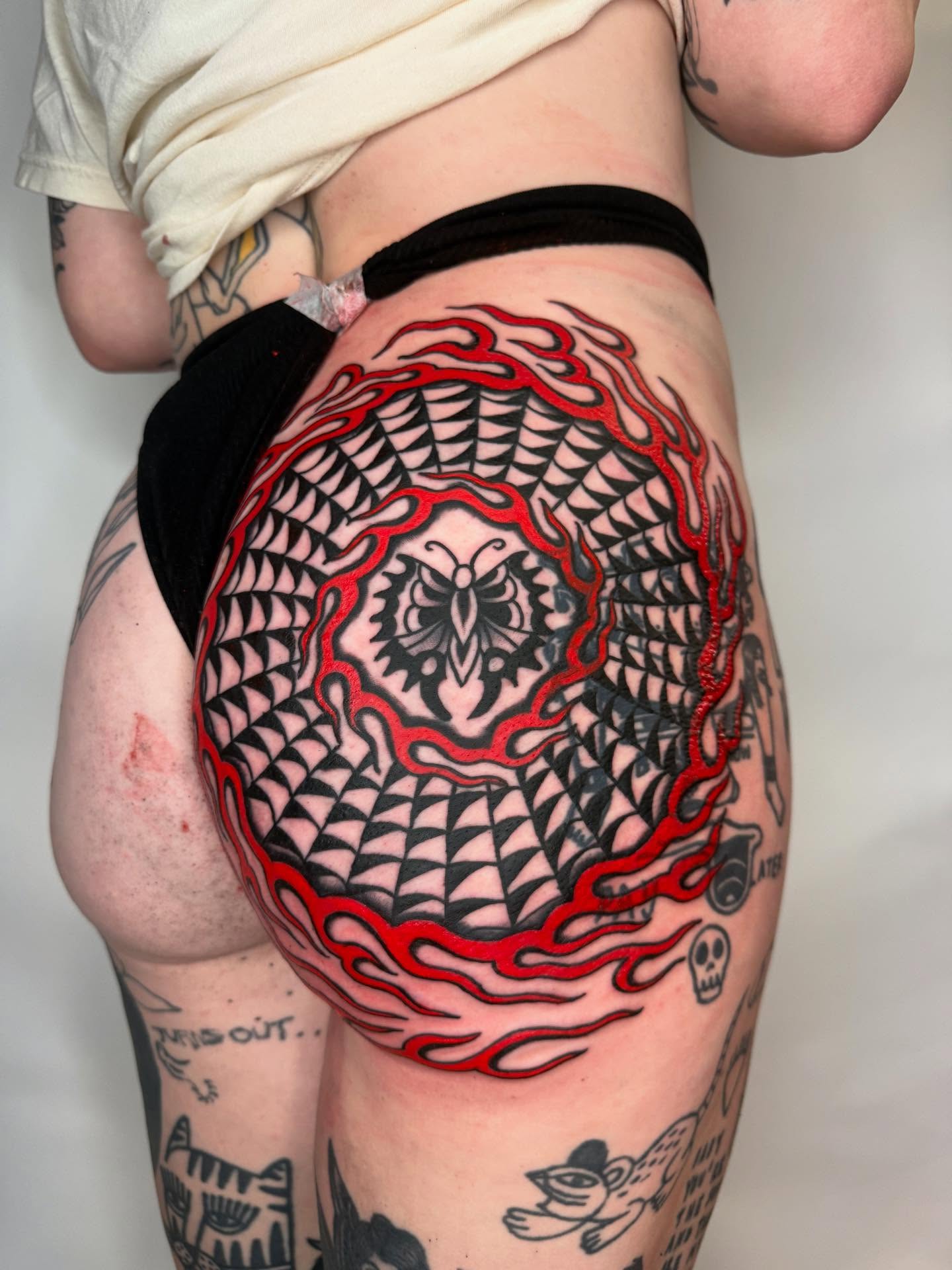 Geometric mandala geometric tattoo on the thigh by Jacqui Rose
