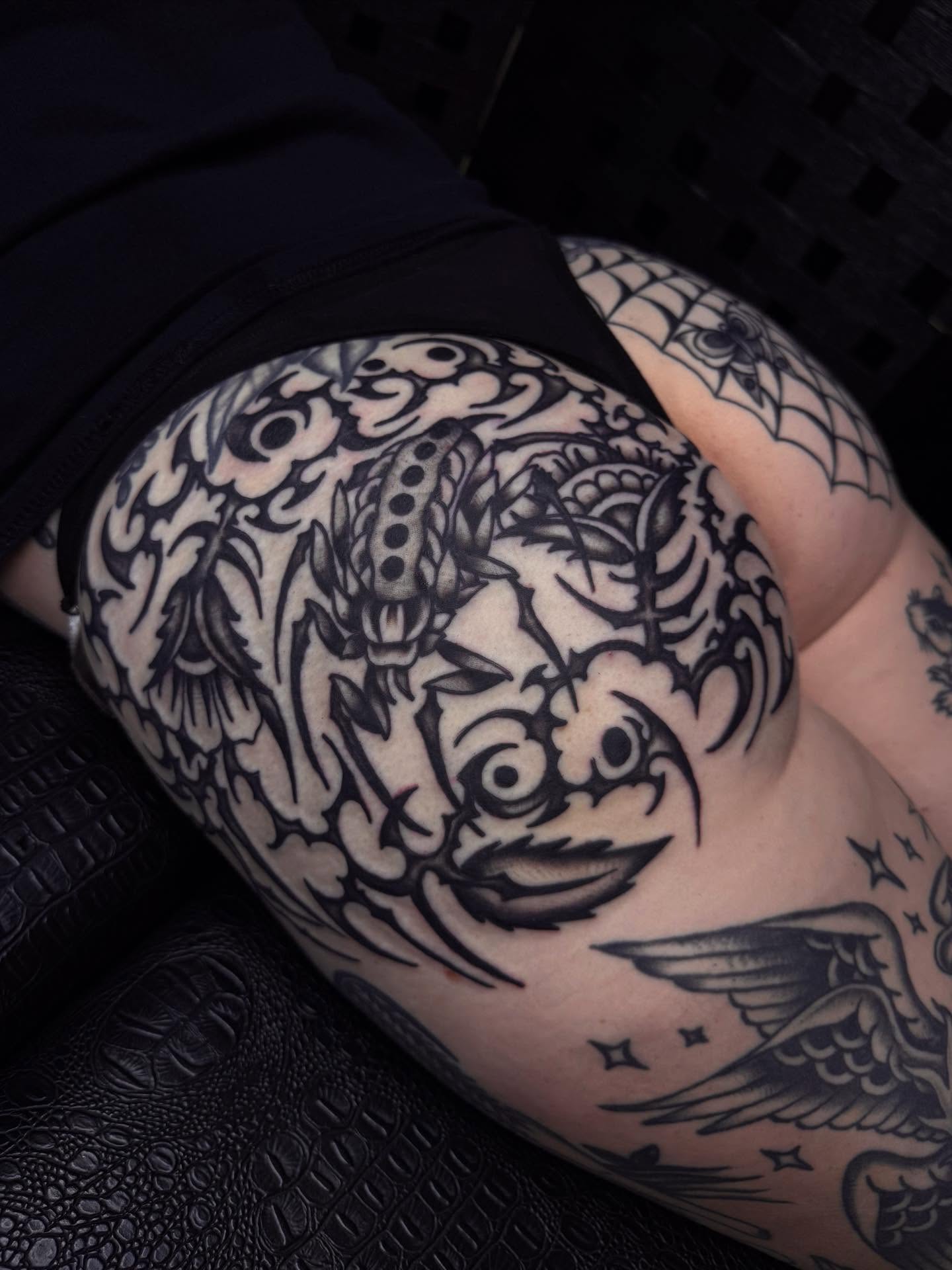 Japanese koi fish American traditional tattoo on the thigh by Jacqui Rose