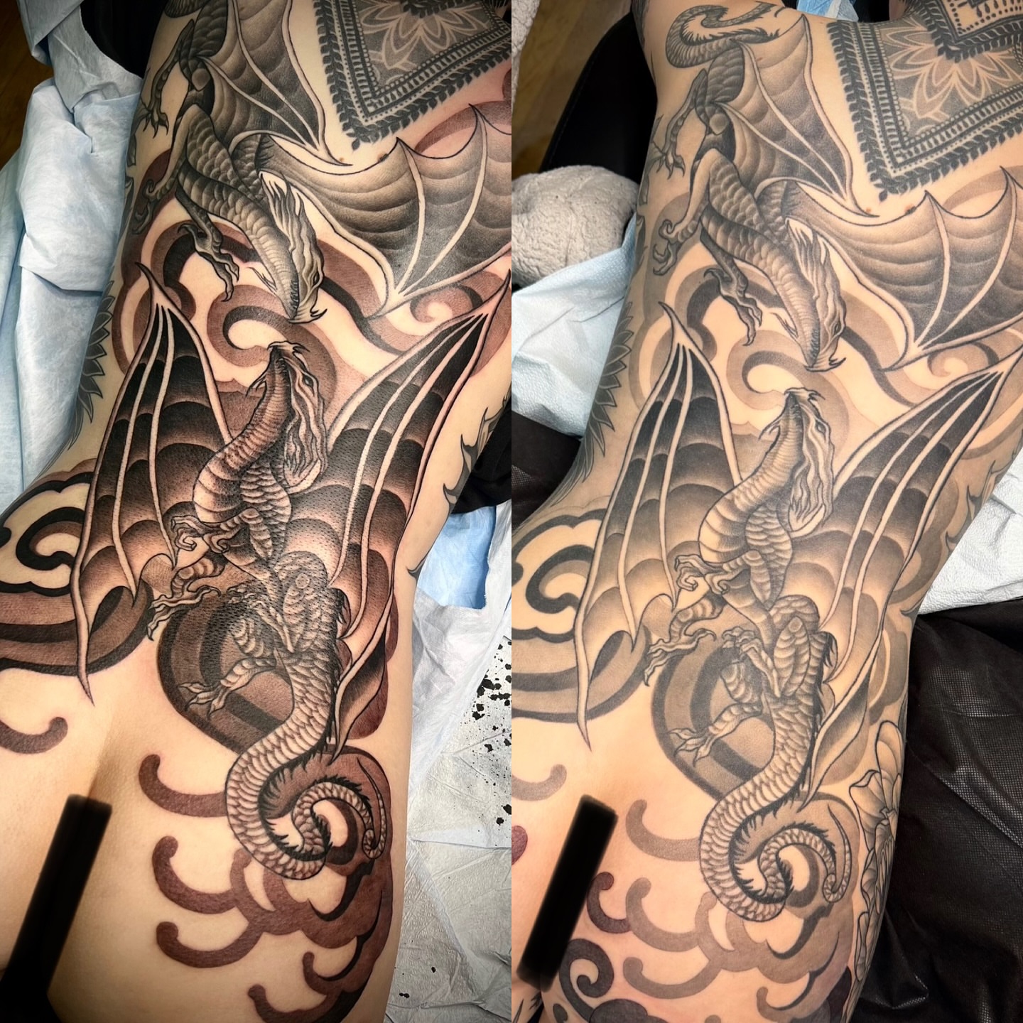 Dragons realism tattoo on the upper arm by Mia Manzanedo
