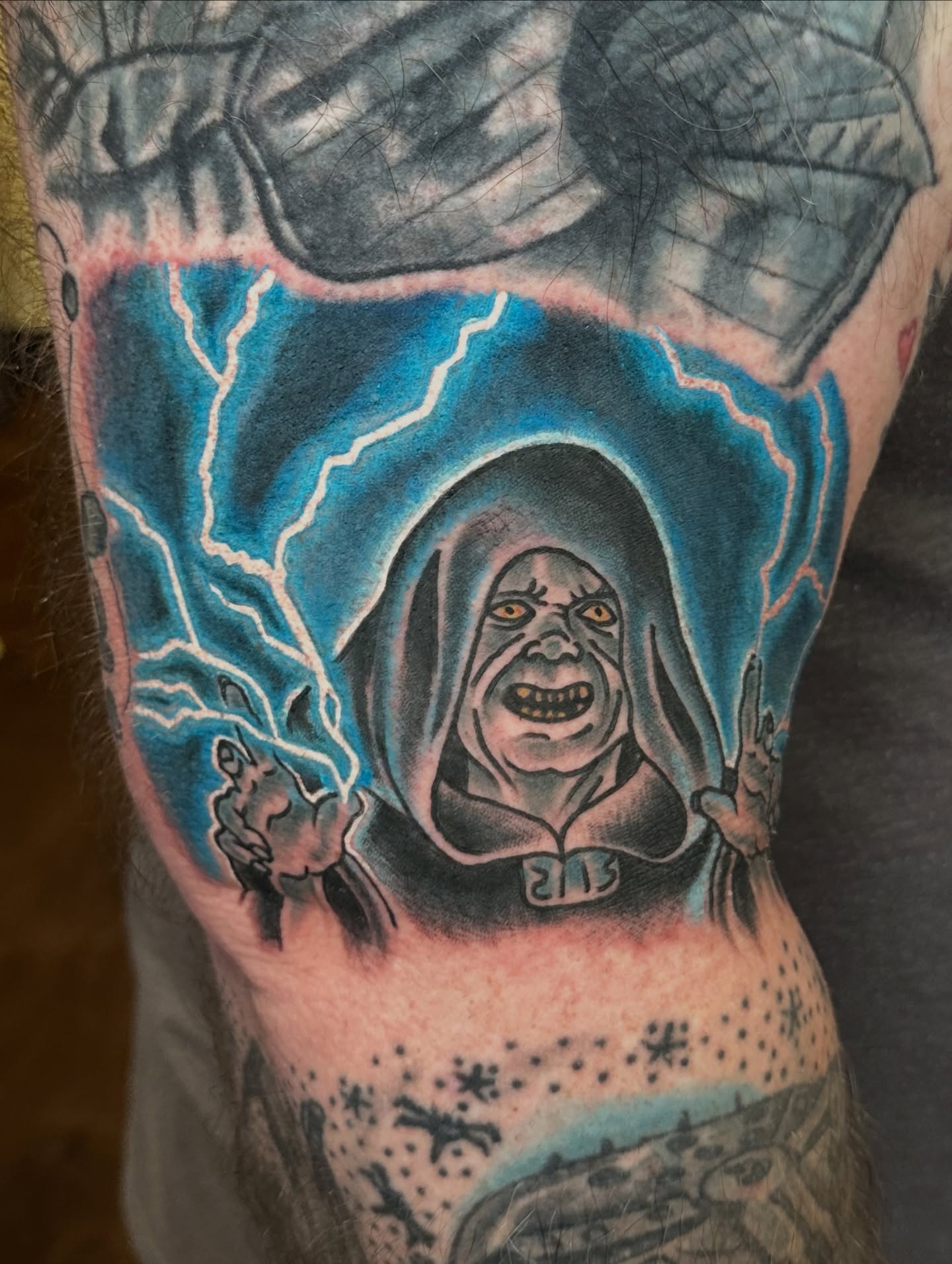 Emperor darth vader American traditional tattoo on the thigh by Nick Bones, Las Vegas, Nevada