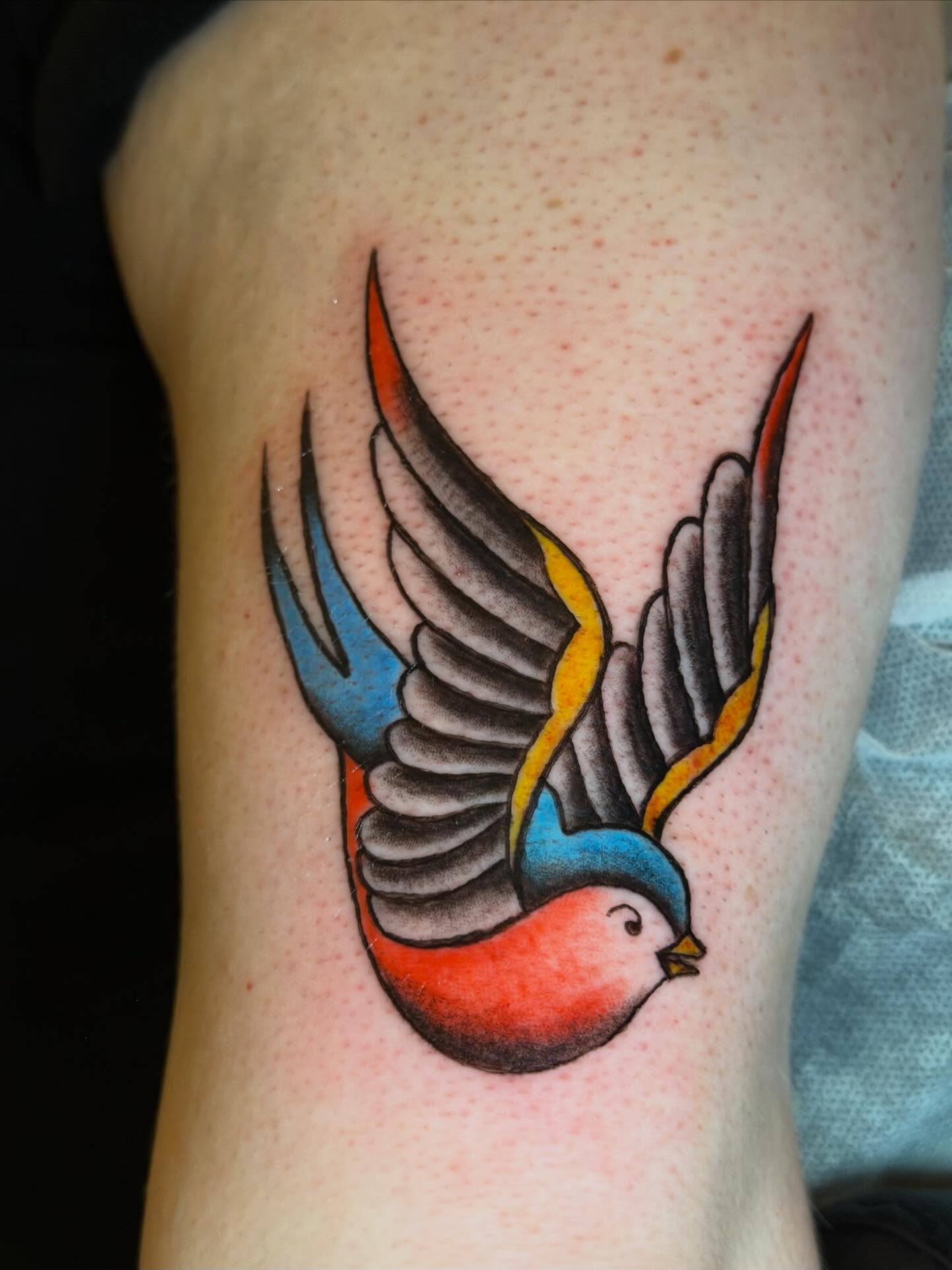 Bird American traditional tattoo on the forearm by C.J.K. Roy