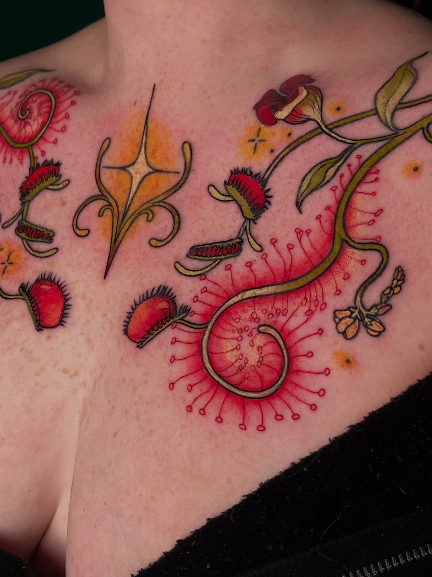 Venus flytrap new school tattoo on the chest by Summer Machelle, Orange, California
