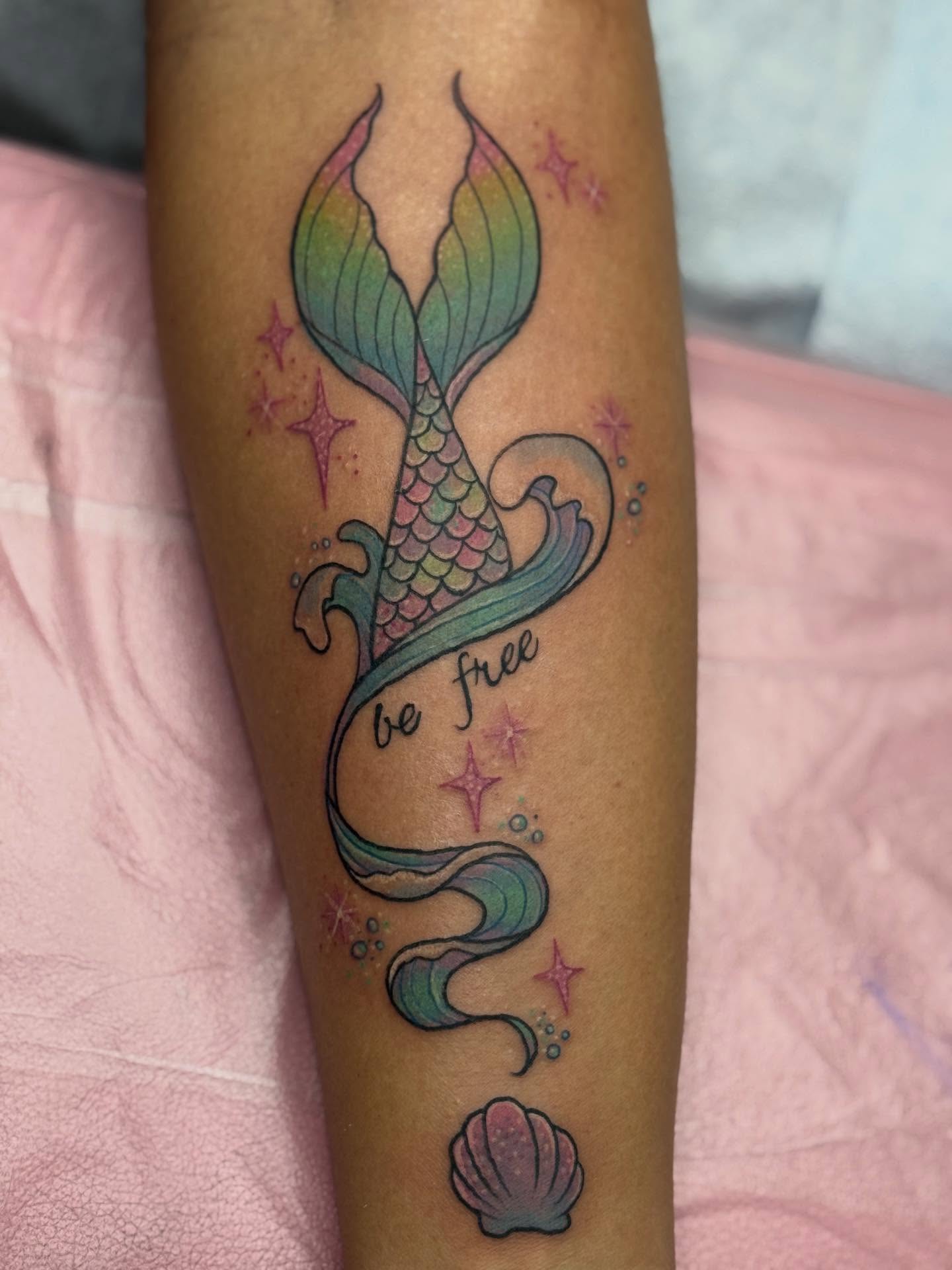 Mermaid tail new school tattoo on the forearm by Bry