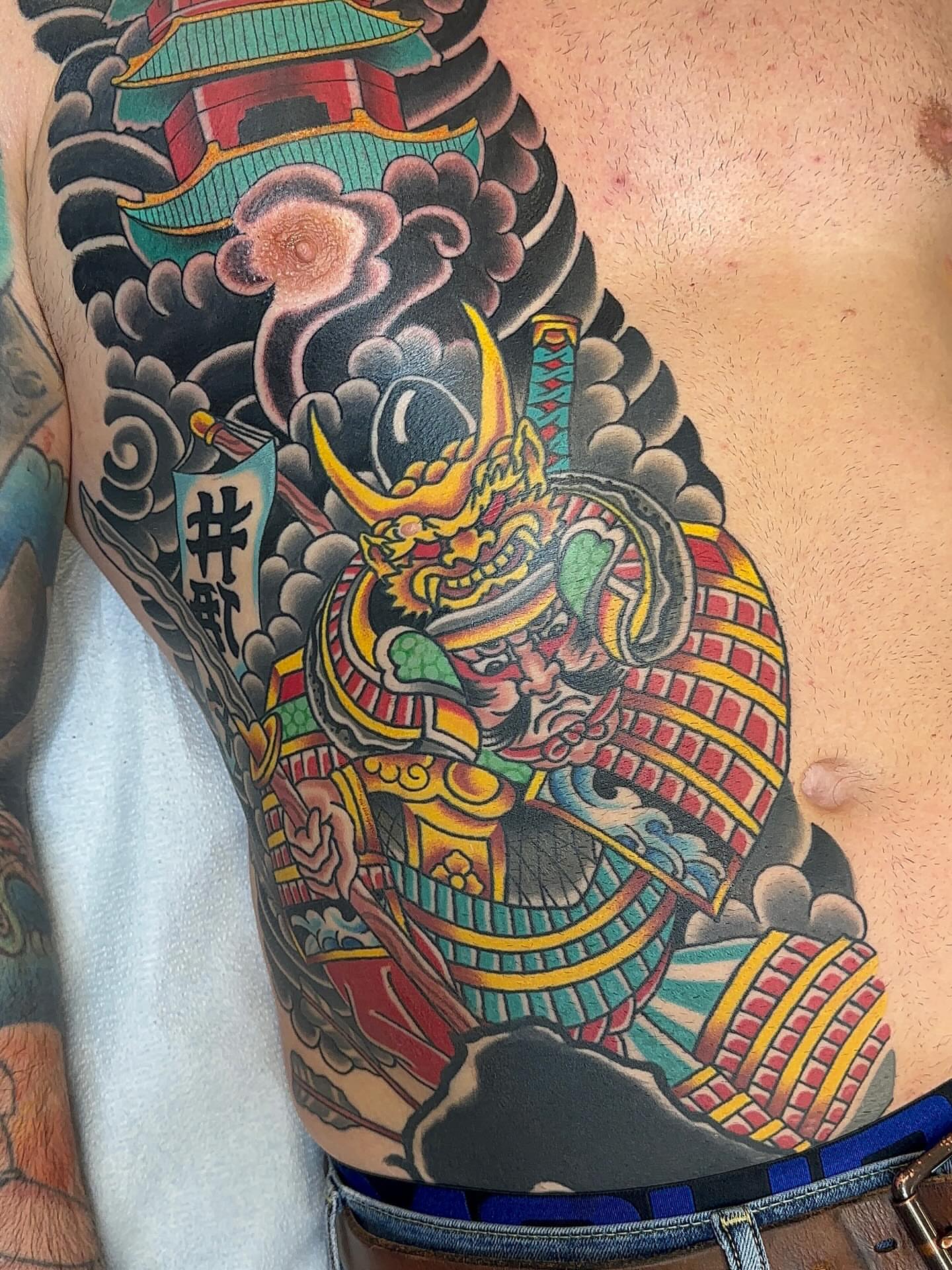 Samurai warrior japanese irezumi tattoo on the chest by Cody Hanson