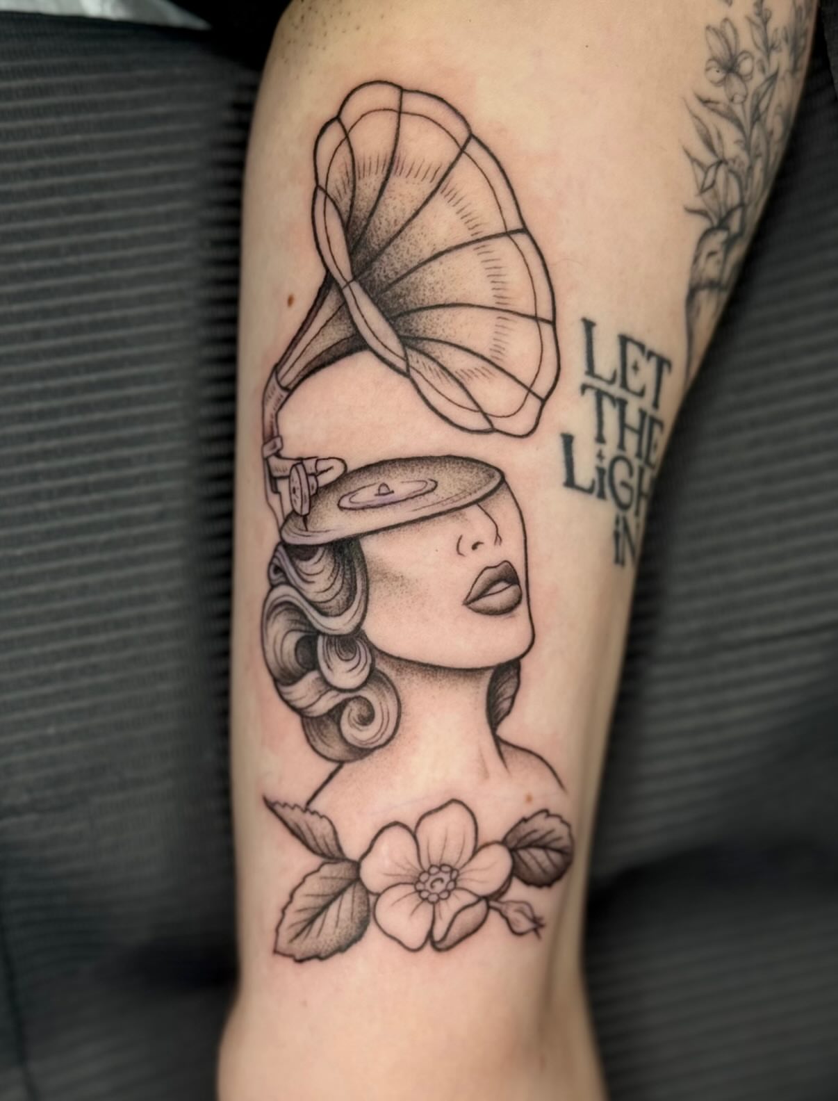 Gramophone woman realism tattoo on the forearm by π½πππππ π½πππππππ, New Orleans, Louisiana