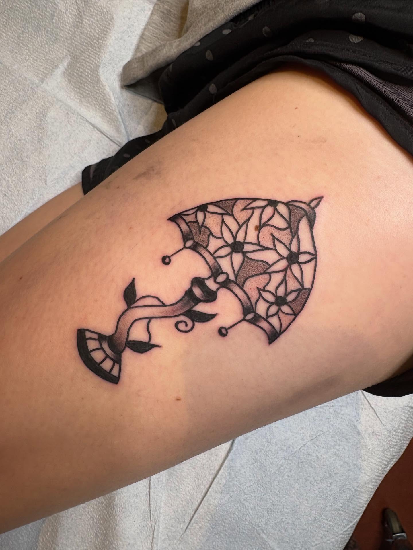 Elephant and floral pattern black and grey tattoo on the thigh by ellie