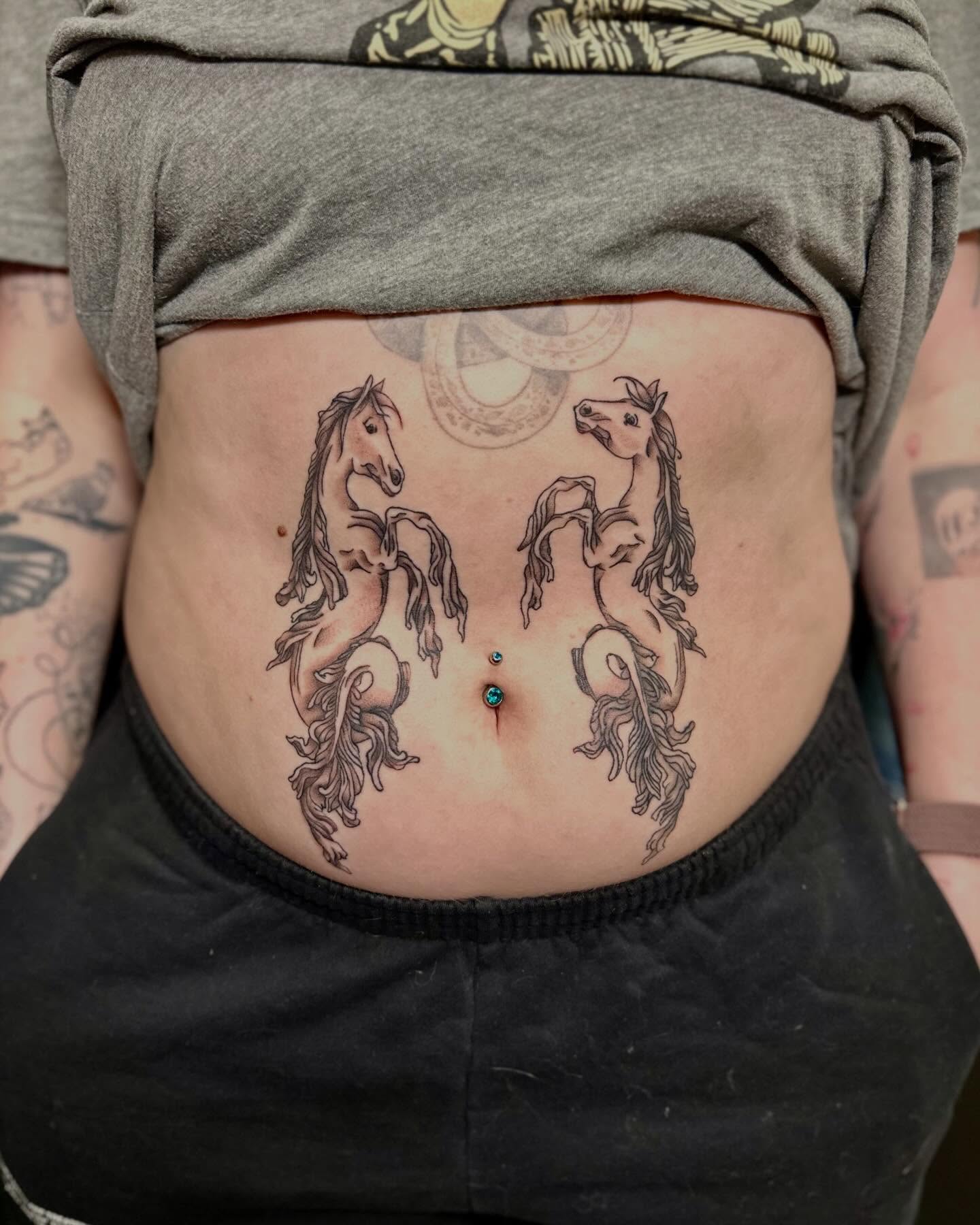 Unicorns black and grey tattoo on the torso by 🌼Kristen Kooster Tattoos🌼