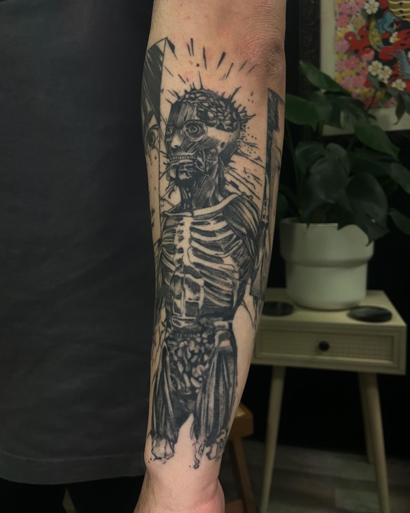 Skeleton with crown of thorns realism tattoo on the forearm by Las Vegas Tattoo Artist π€ Nani