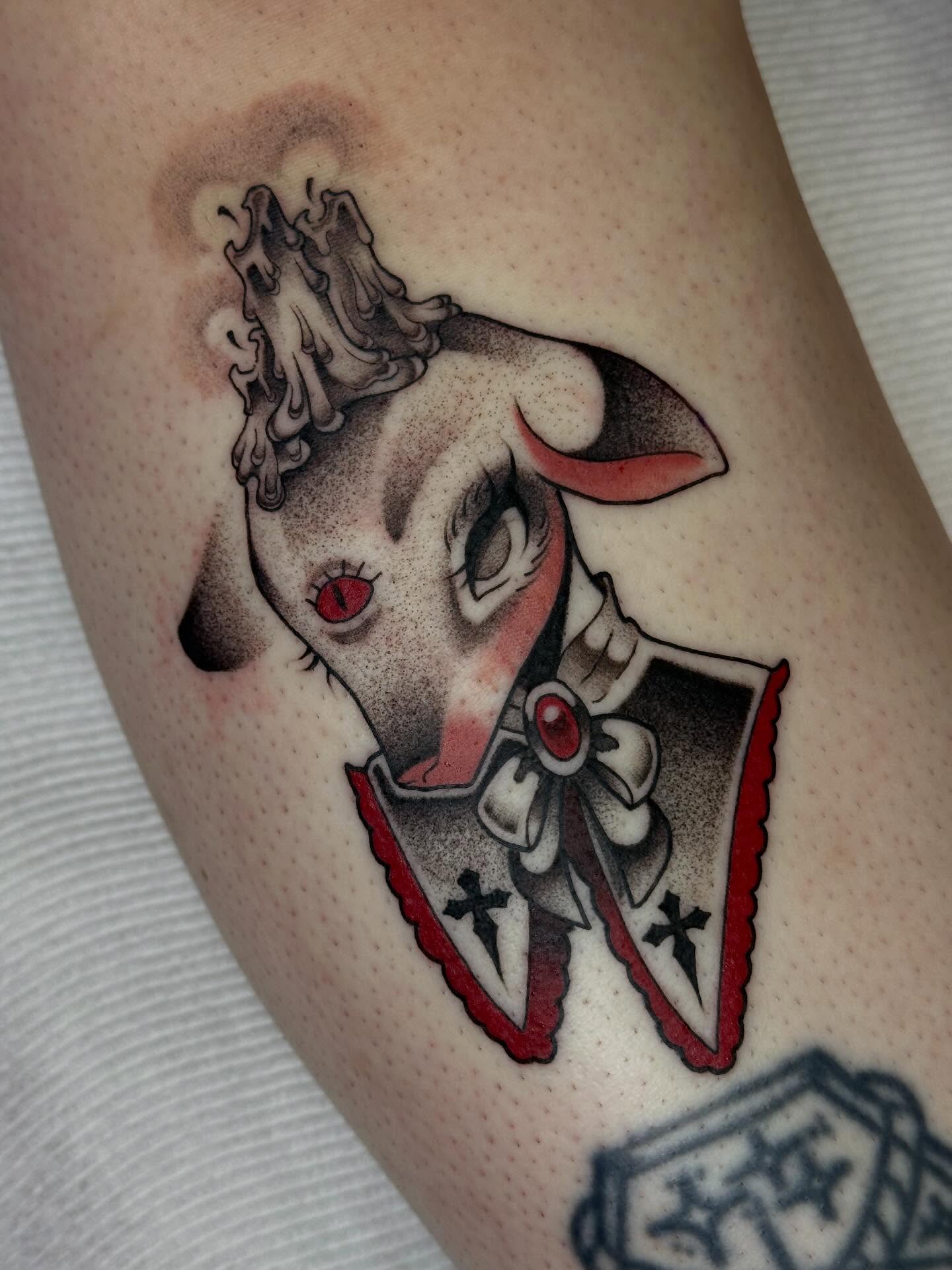 Dog in Victorian attire American traditional tattoo on the thigh by 𝔅𝔞𝔱𝔅𝔬𝔫𝔢 🦇Mariah Hernandez