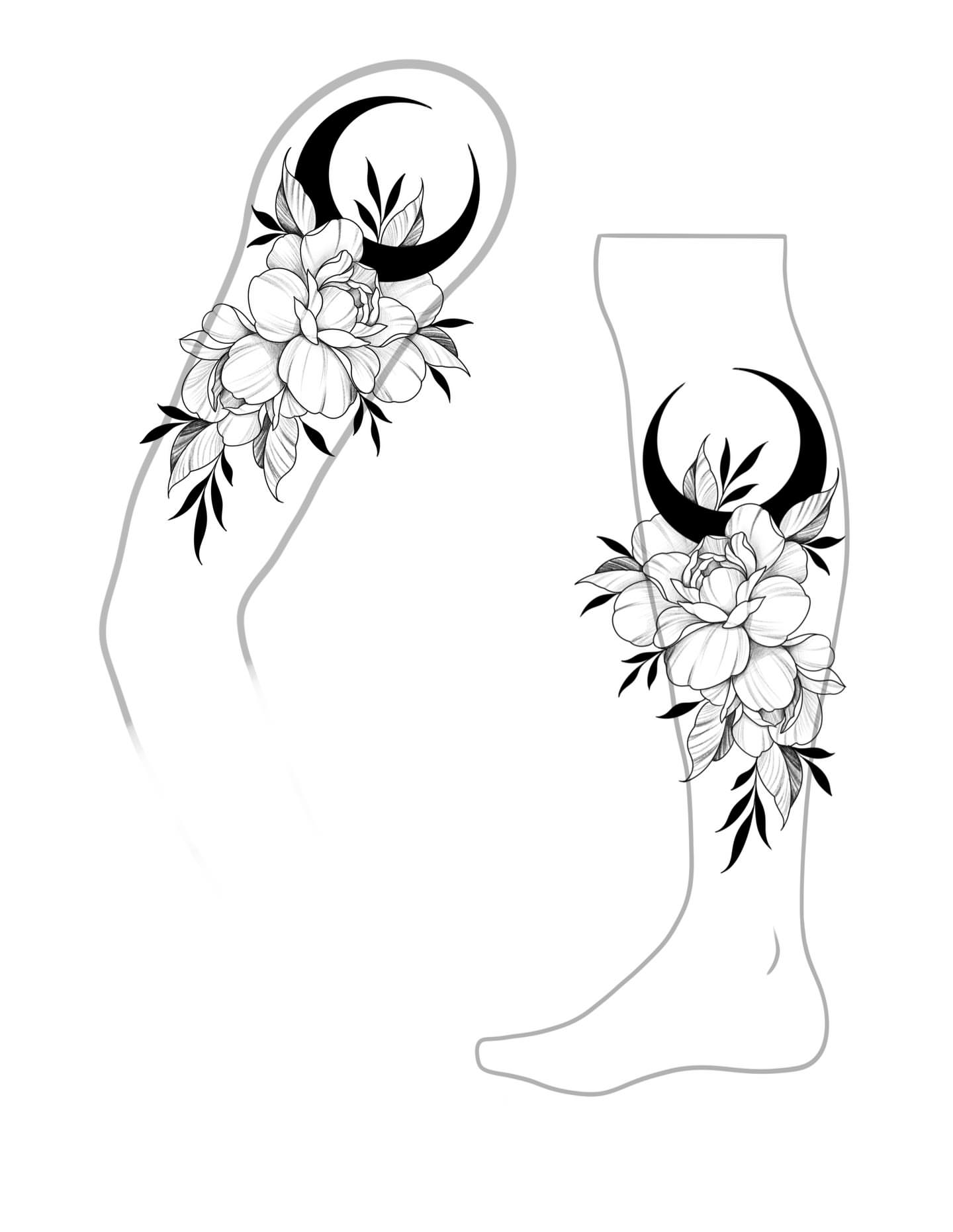 Floral crescent moon black and grey tattoo on the leg by Courtlyn Bliss