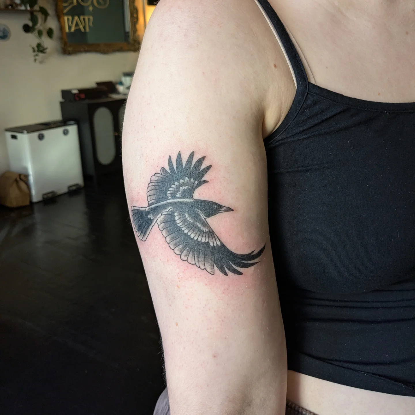 Bird black and grey tattoo on the forearm by Madison Cañedo ✺ Portland tattoo