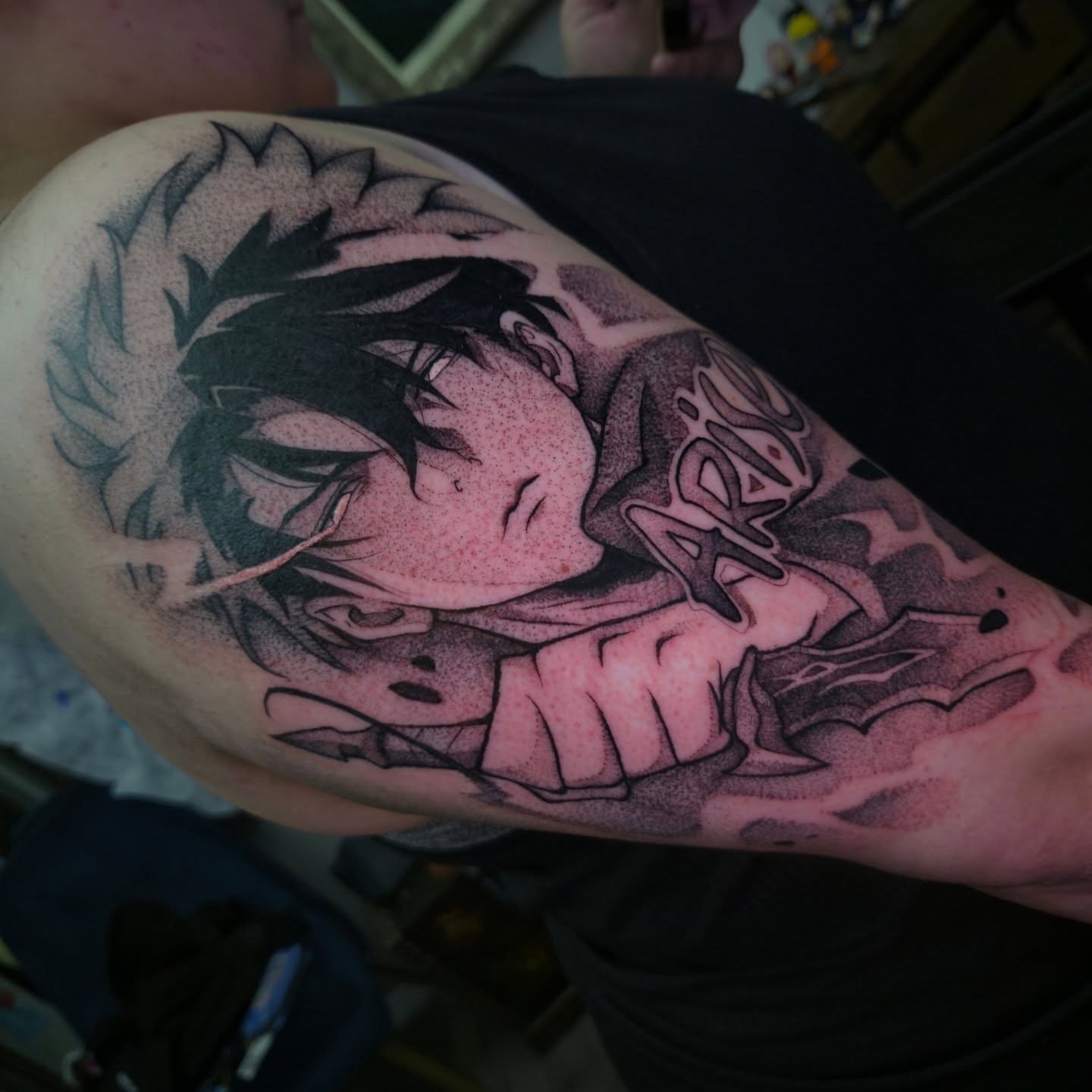 Anime character dotwork tattoo on the upper arm by π°ππππ π»ππππ - π°ππππ π±&πΆ ππππππ π°πππππ