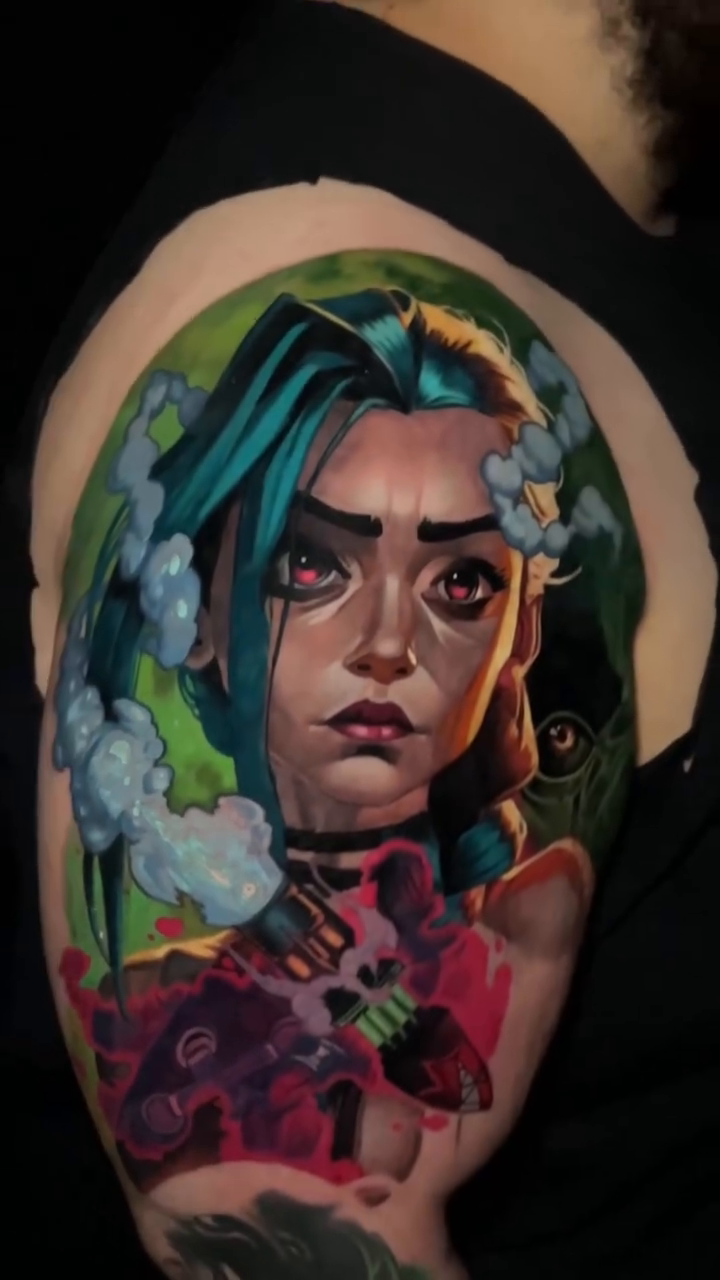 Jinx from Arcane realism tattoo by Sean Foy
