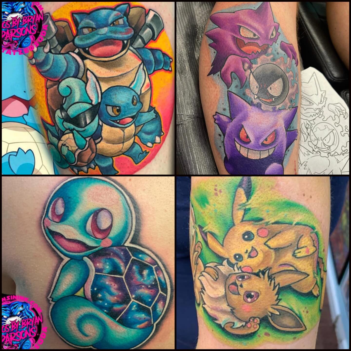 Squirtle and bulbasaur new school tattoo on the forearm by Bryan Parsons