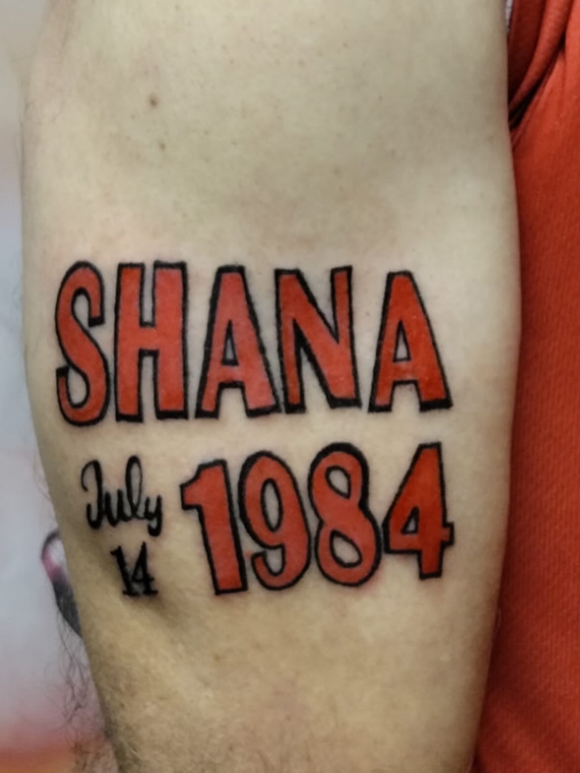 SHANA July 14 1984 lettering script tattoo on the forearm by Malynda