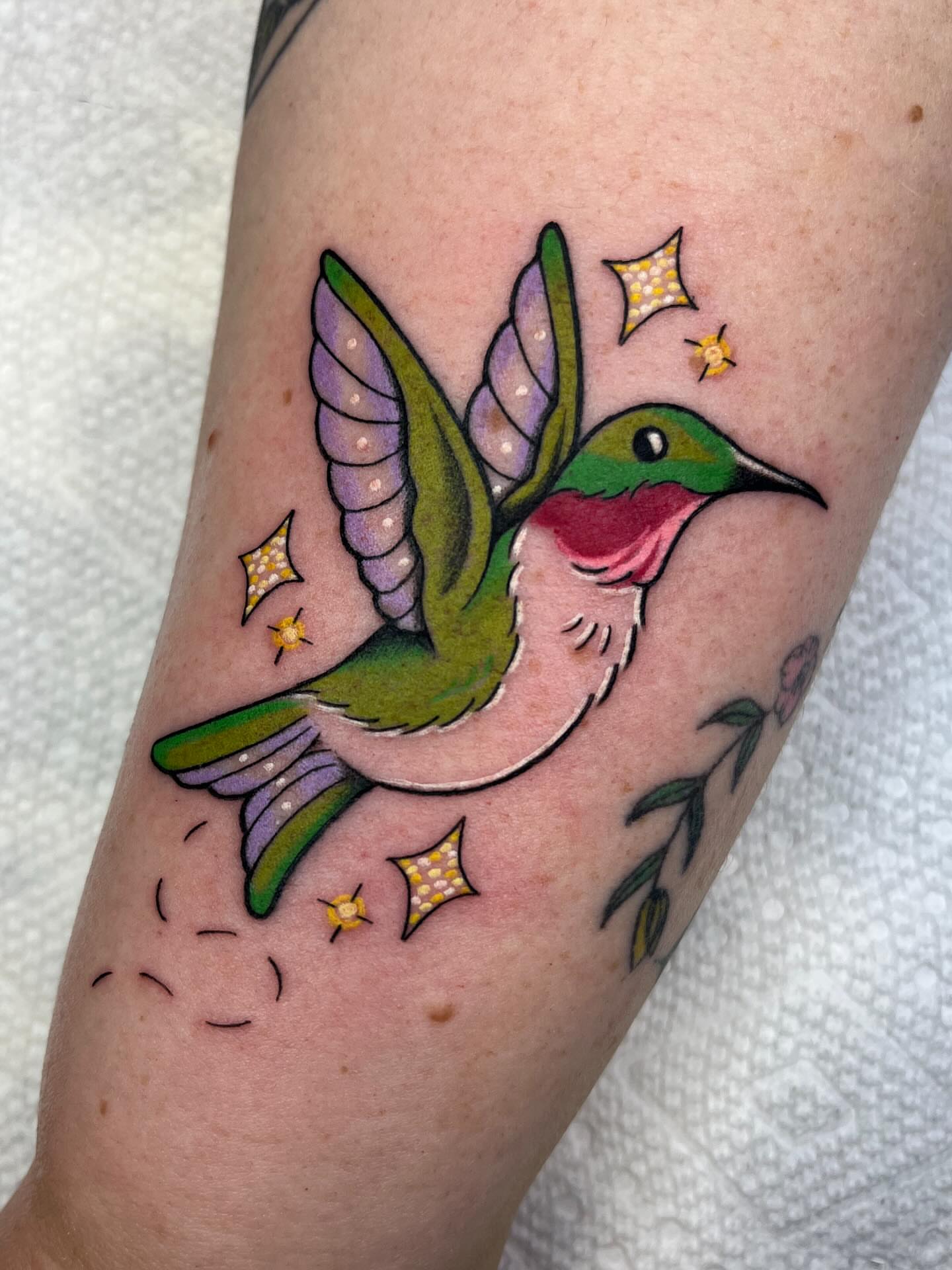 Hummingbird American traditional tattoo on the forearm by Abby Brooks, Memphis, Tennessee