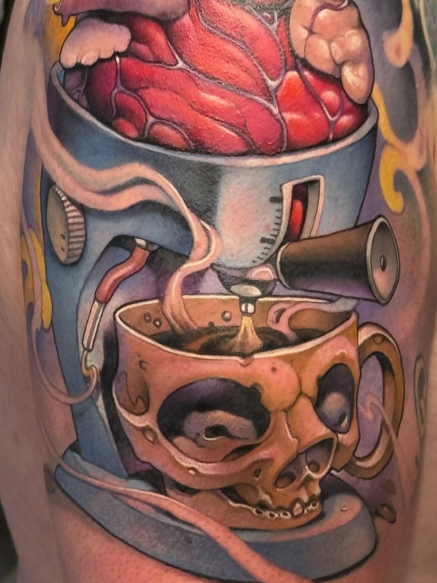 Coffee mug with skull realism tattoo on the forearm by Joshua Orville Vaughn, Kansas City, Missouri
