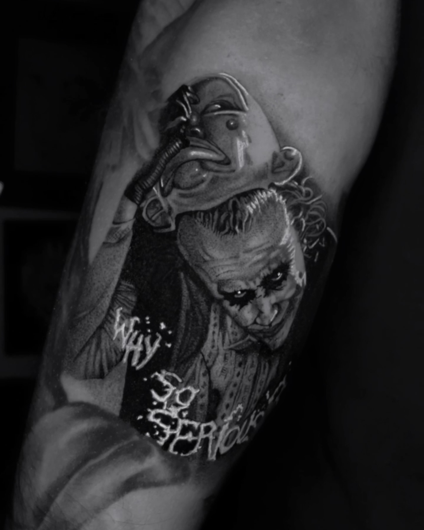 Joker realism tattoo on the forearm by Chato