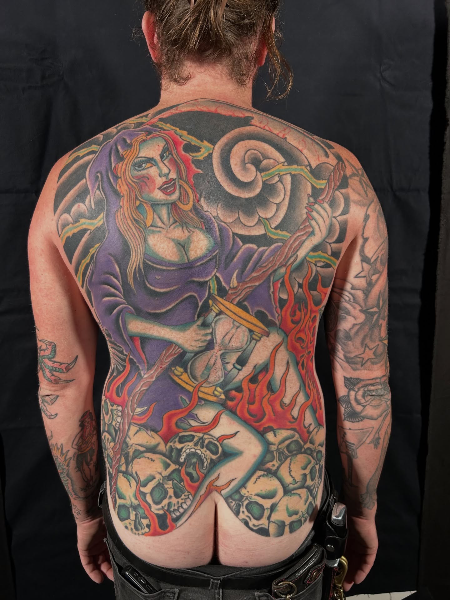 Woman with sword American traditional tattoo on the back by Alex Citrone - Martha’s Vineyard Tattoo