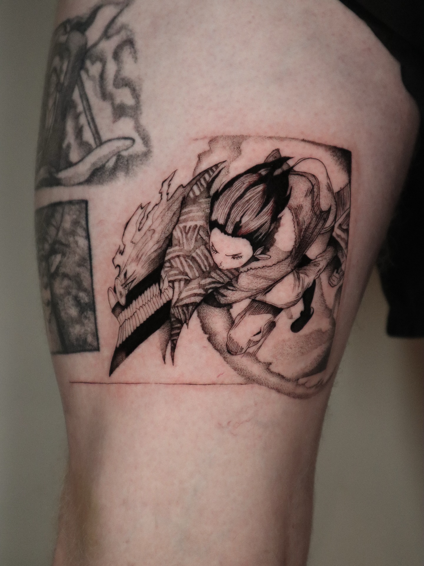 Anime character anime tattoo on the thigh by 𝕮𝖔𝖓𝖓𝖔𝖗 ☾  ~ TATTOO ARTIST