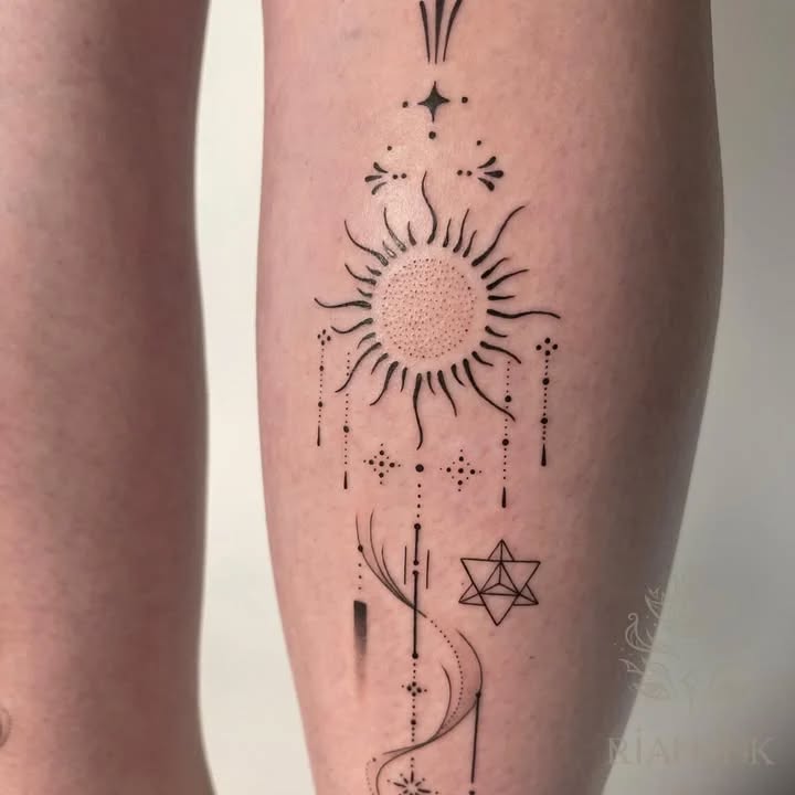Sun and geometric shapes ornamental tattoo on the calf by Nils Bashirian