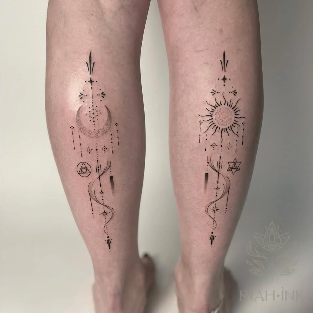 Sun and moon with geometric elements ornamental tattoo on the calf by Nils Bashirian